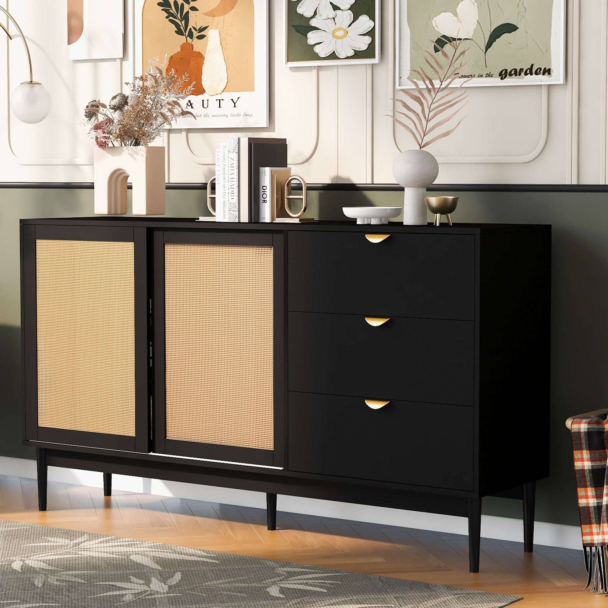 35" Tall MDF 2-door Storage Cabinet with Three Drawers and Metal Handles