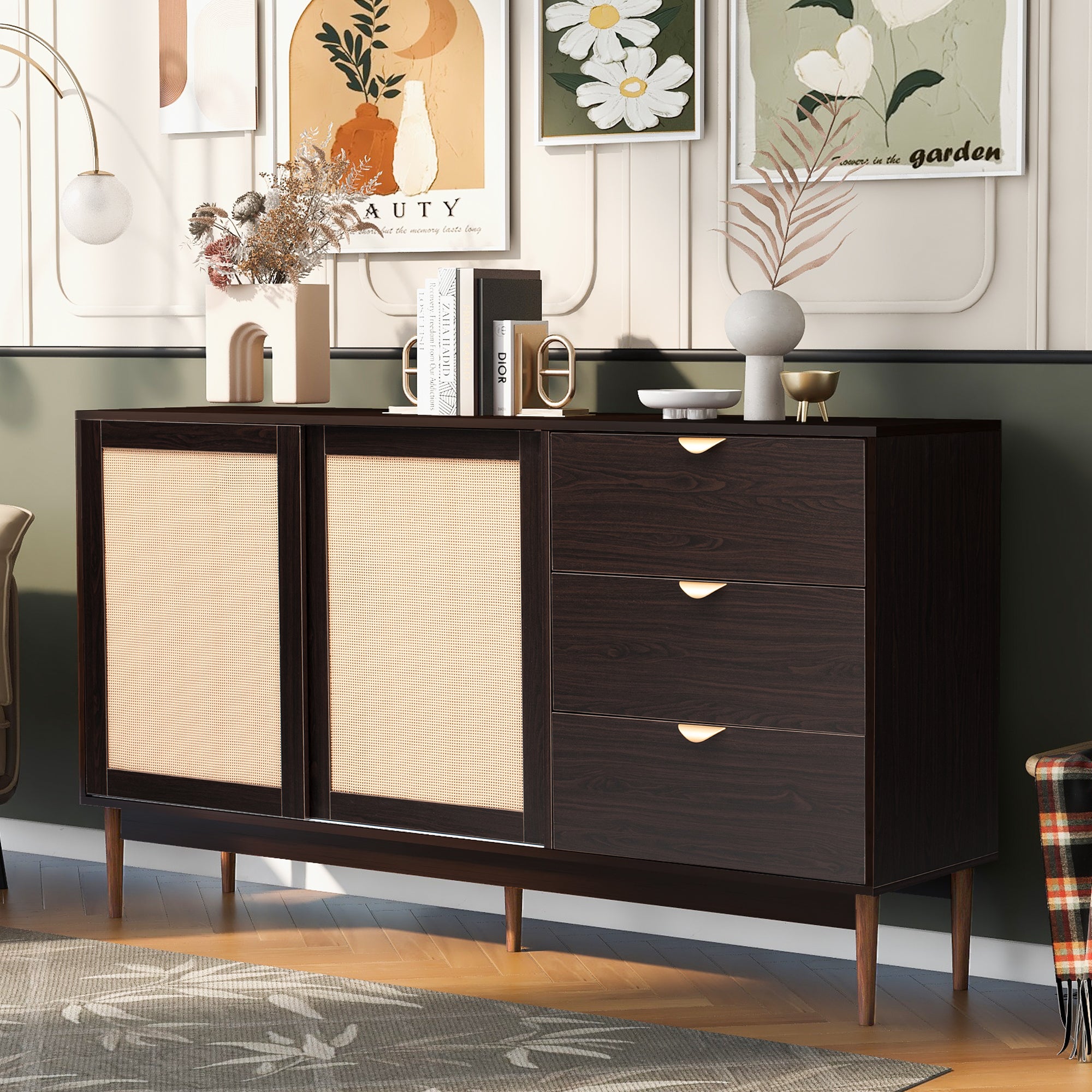 35" Tall MDF 2-door Storage Cabinet with Three Drawers and Metal Handles