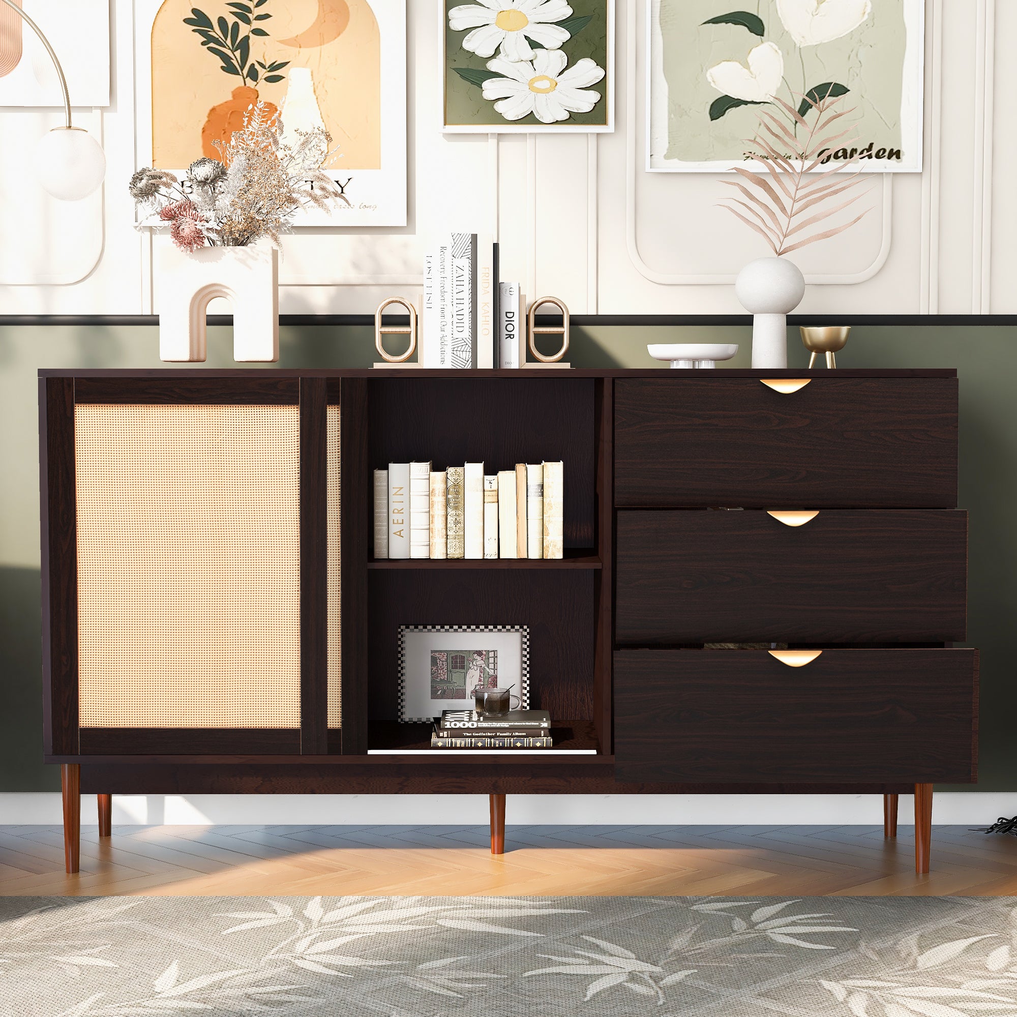 35" Tall MDF 2-door Storage Cabinet with Three Drawers and Metal Handles