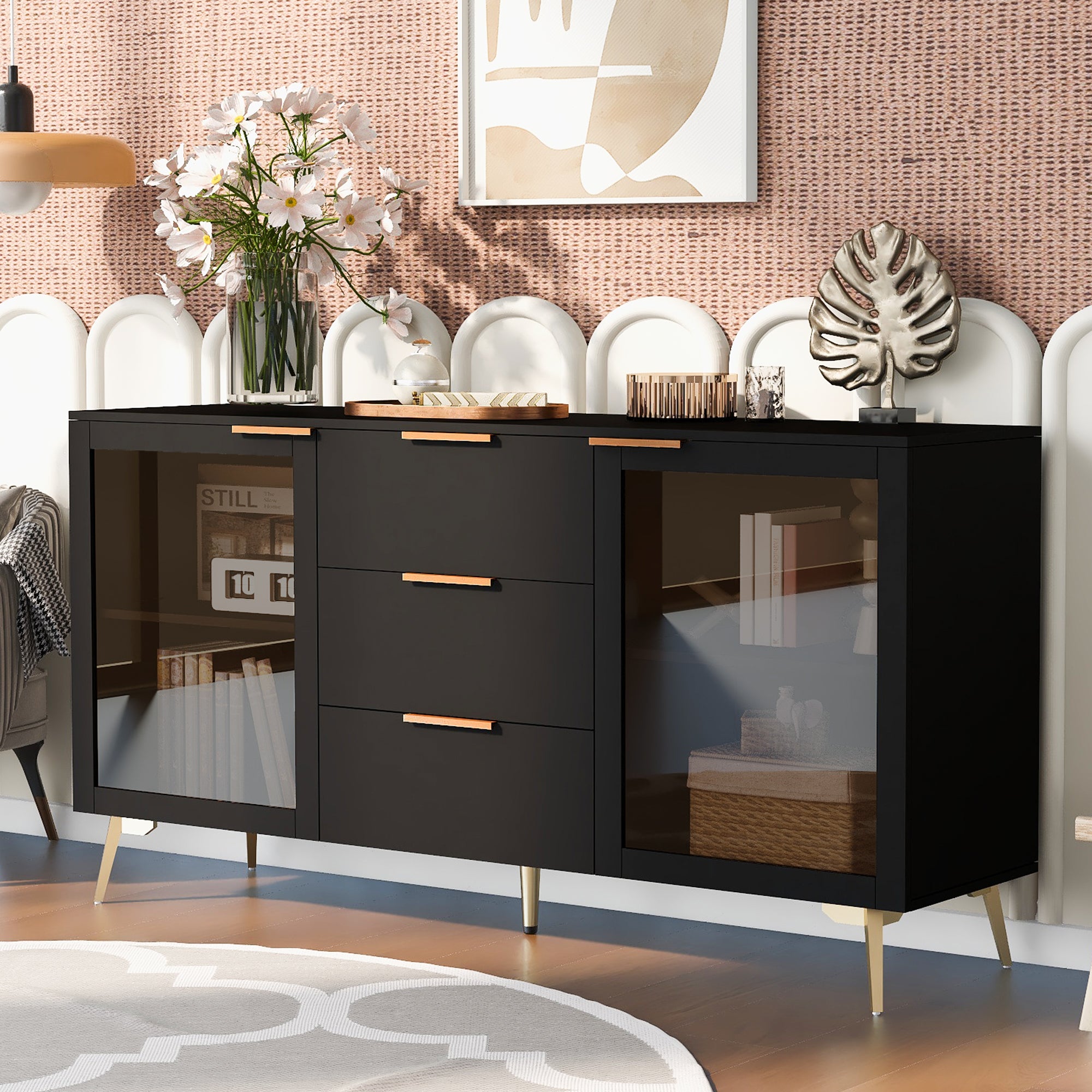 32" Tall 2-door Storage Cabinet with Three Drawers and Metal Handles