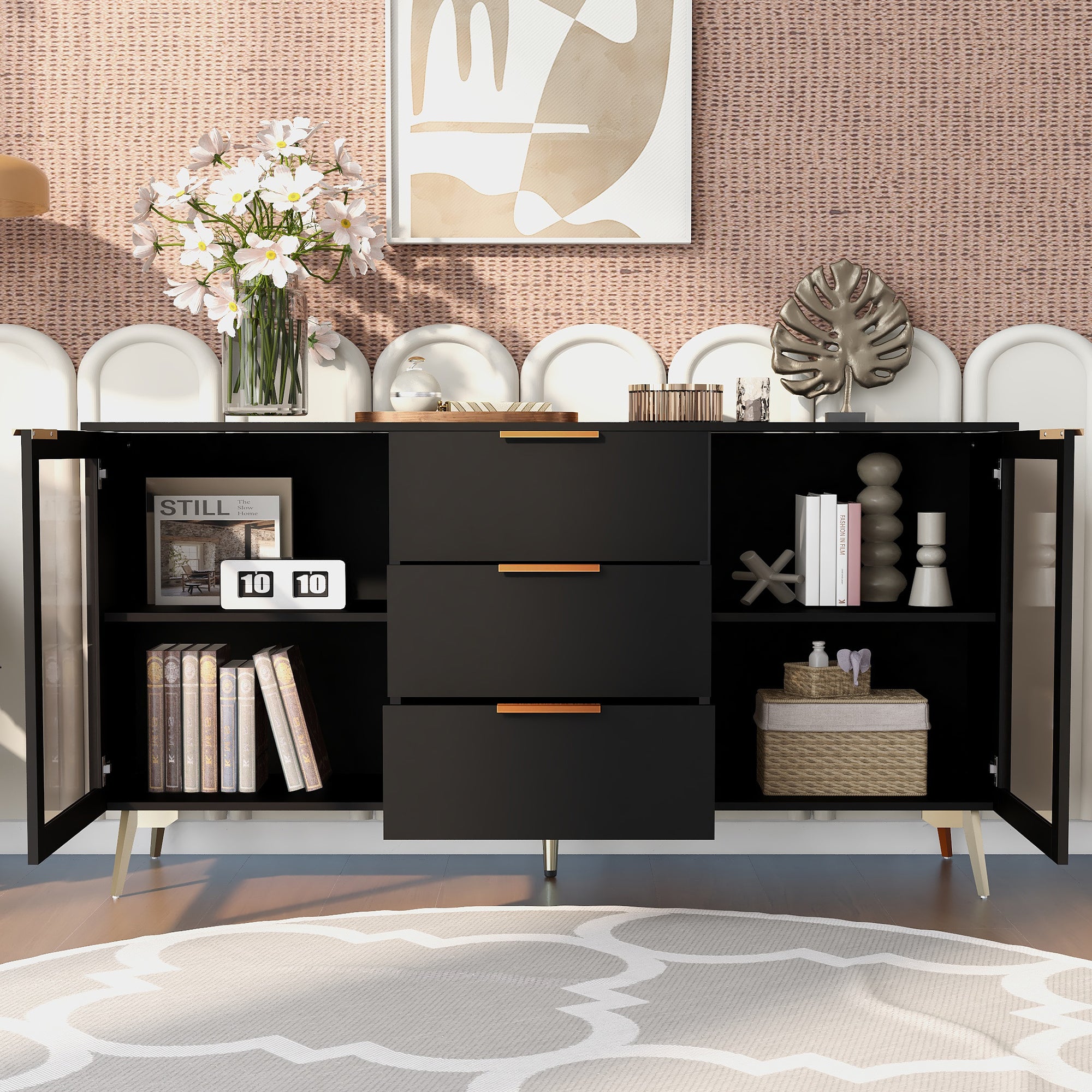 32" Tall 2-door Storage Cabinet with Three Drawers and Metal Handles