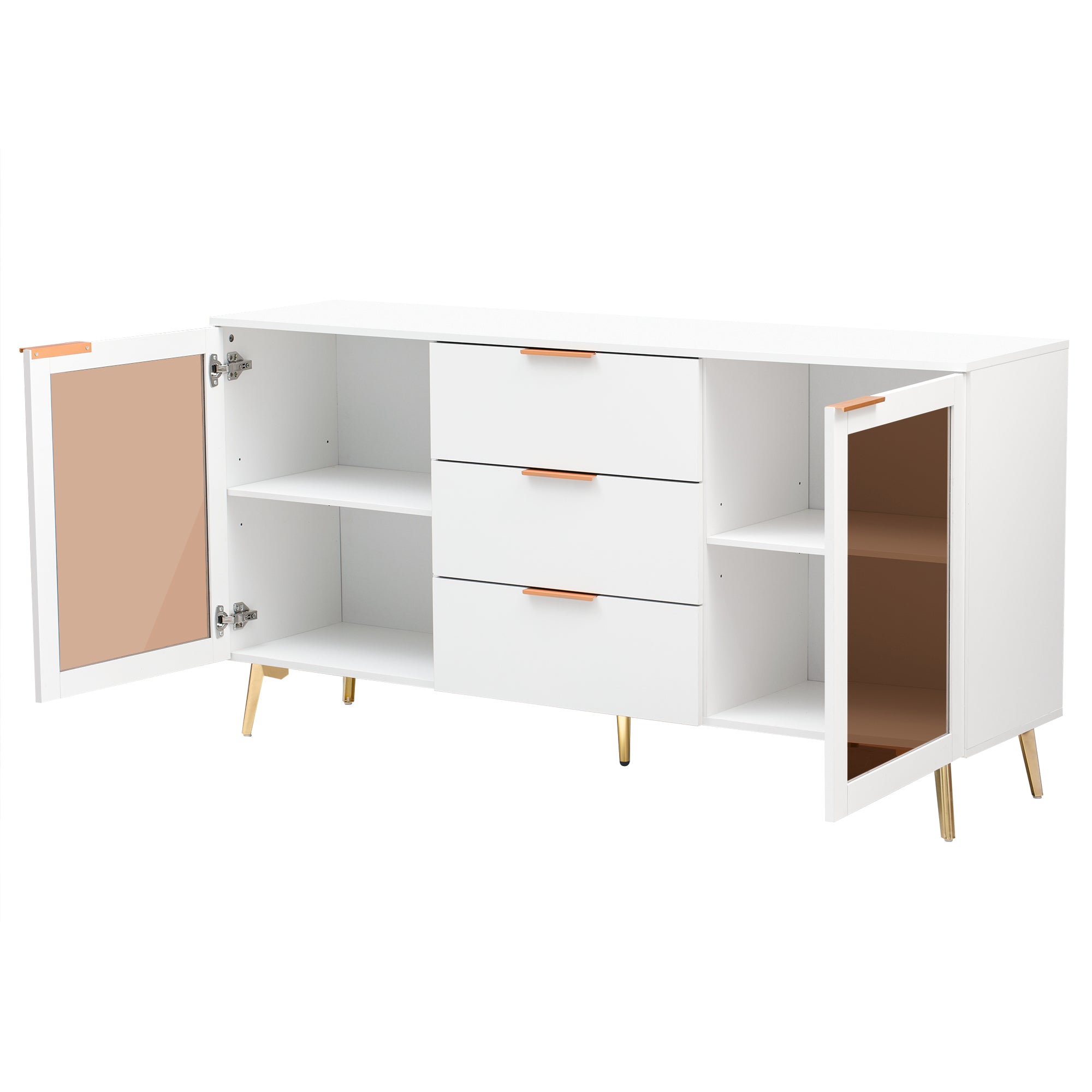 32" Tall 2-door Storage Cabinet with Three Drawers and Metal Handles