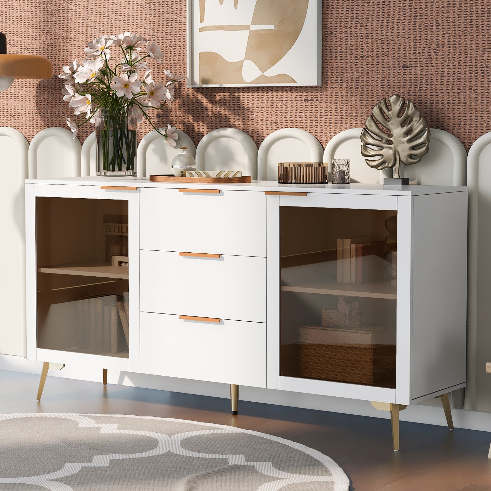 32" Tall 2-door Storage Cabinet with Three Drawers and Metal Handles