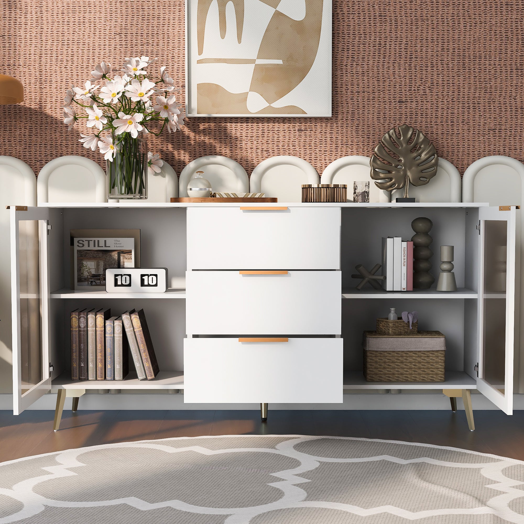 32" Tall 2-door Storage Cabinet with Three Drawers and Metal Handles