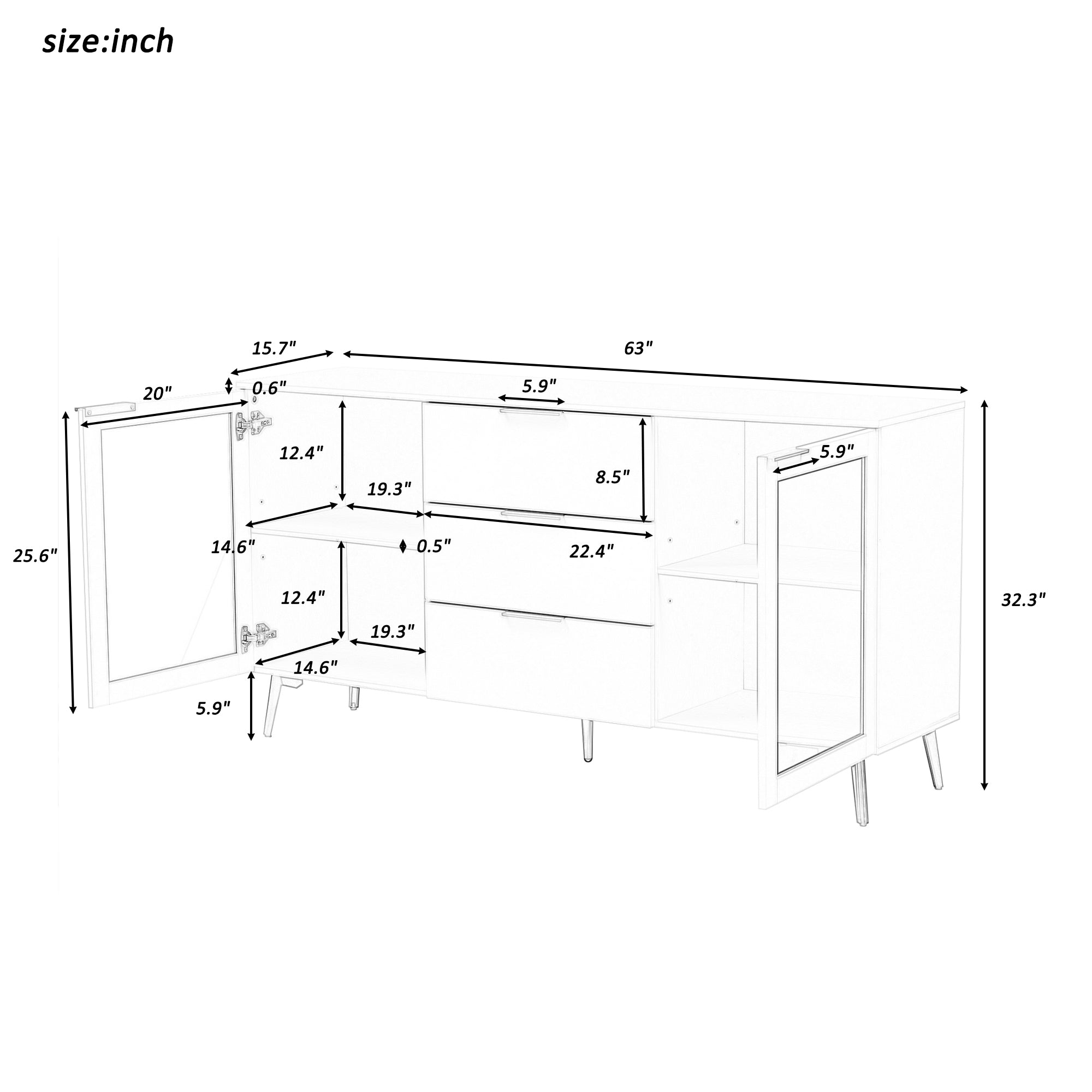 32" Tall 2-door Storage Cabinet with Three Drawers and Metal Handles