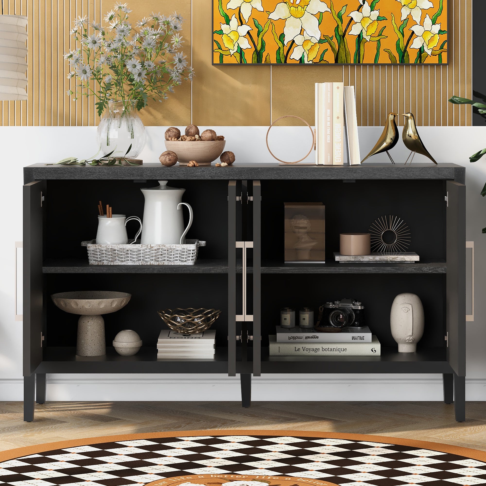 35" Tall MDF 4-door Accent Cabinet with 4 Metal handles and 4 Shelves