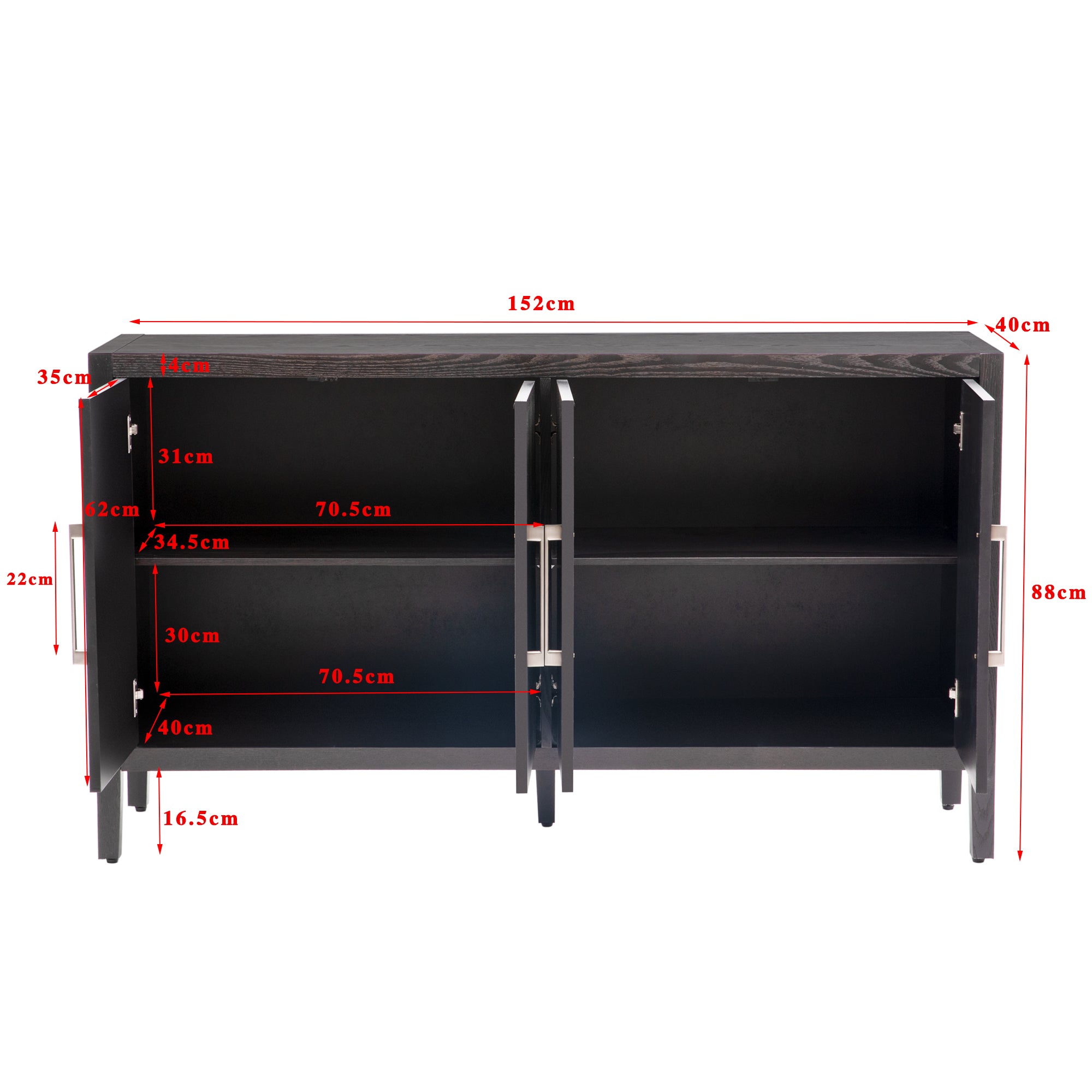 35" Tall MDF 4-door Accent Cabinet with 4 Metal handles and 4 Shelves