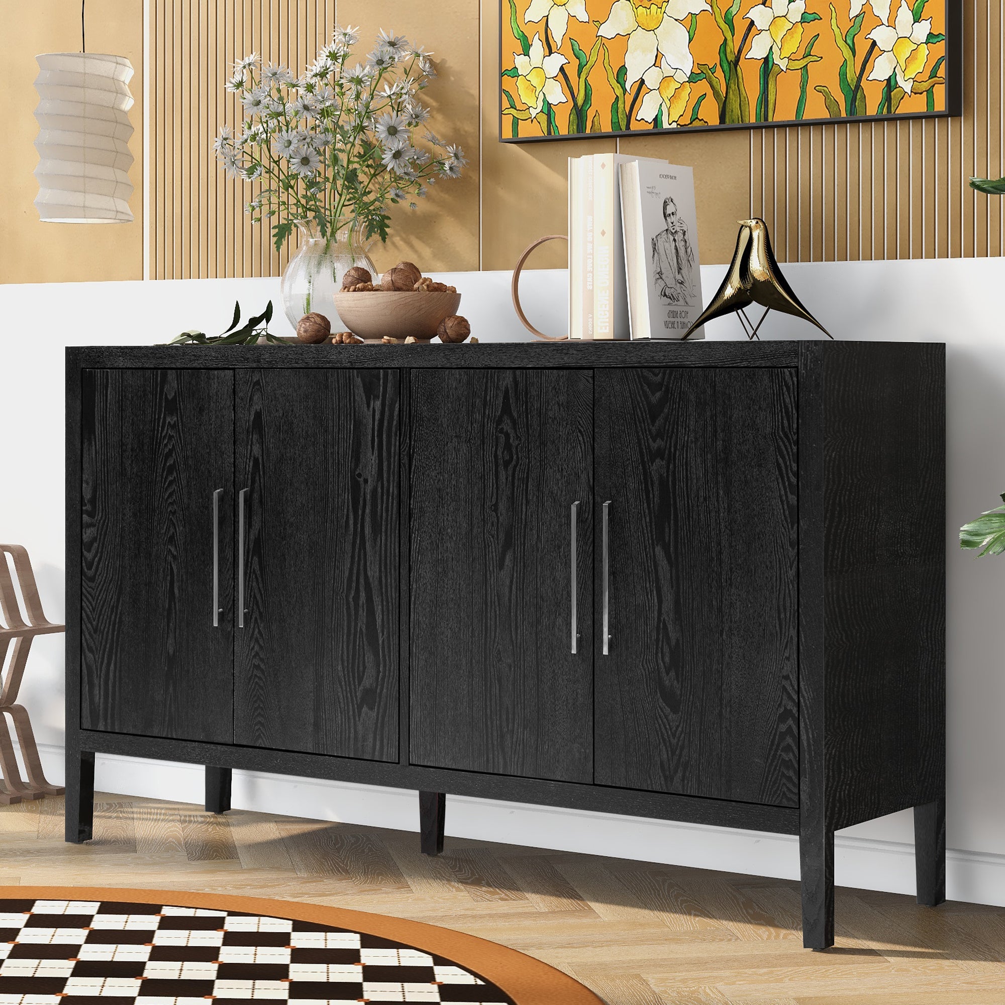 35" Tall MDF 4-door Accent Cabinet with 4 Metal handles and 4 Shelves