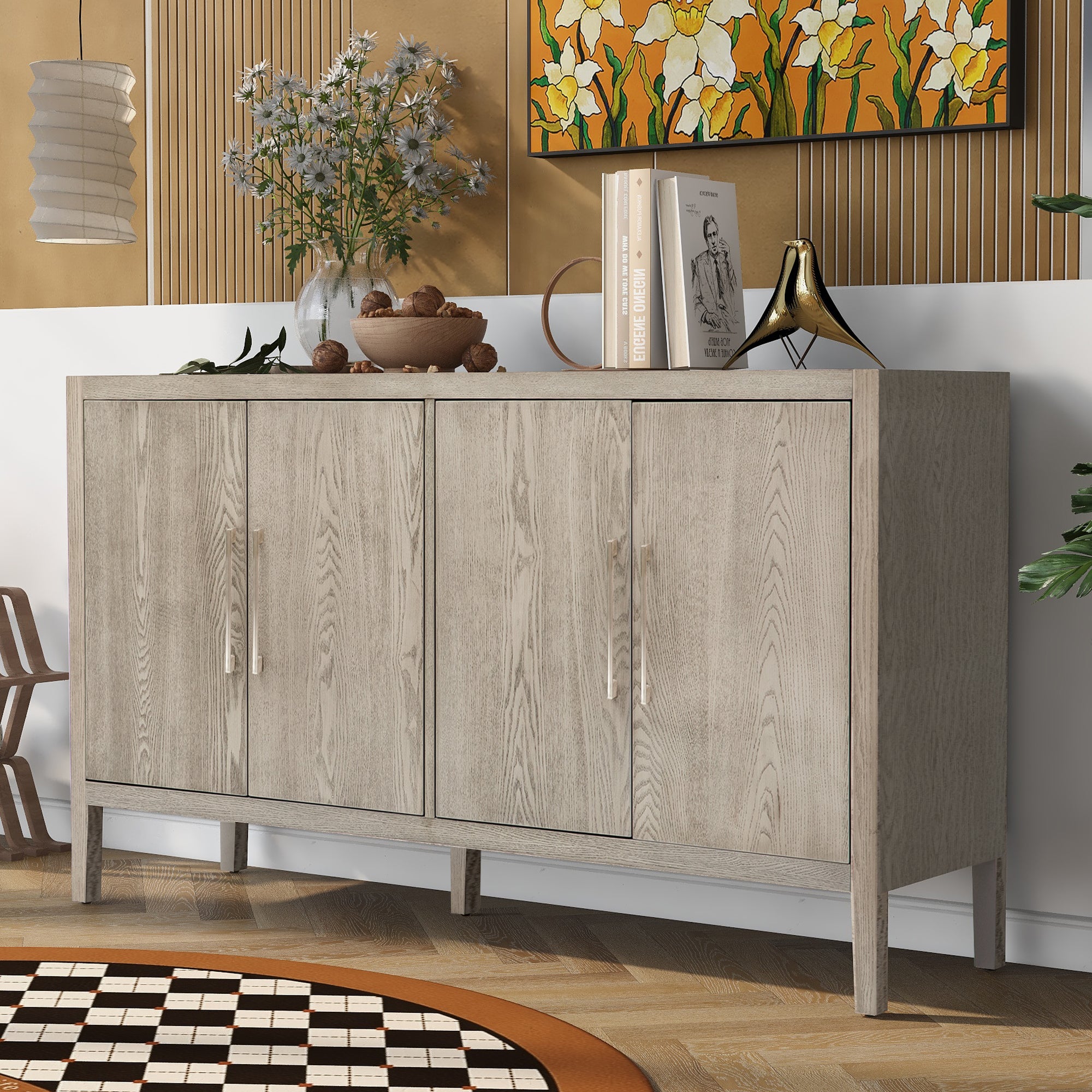 35" Tall MDF 4-door Accent Cabinet with 4 Metal handles and 4 Shelves