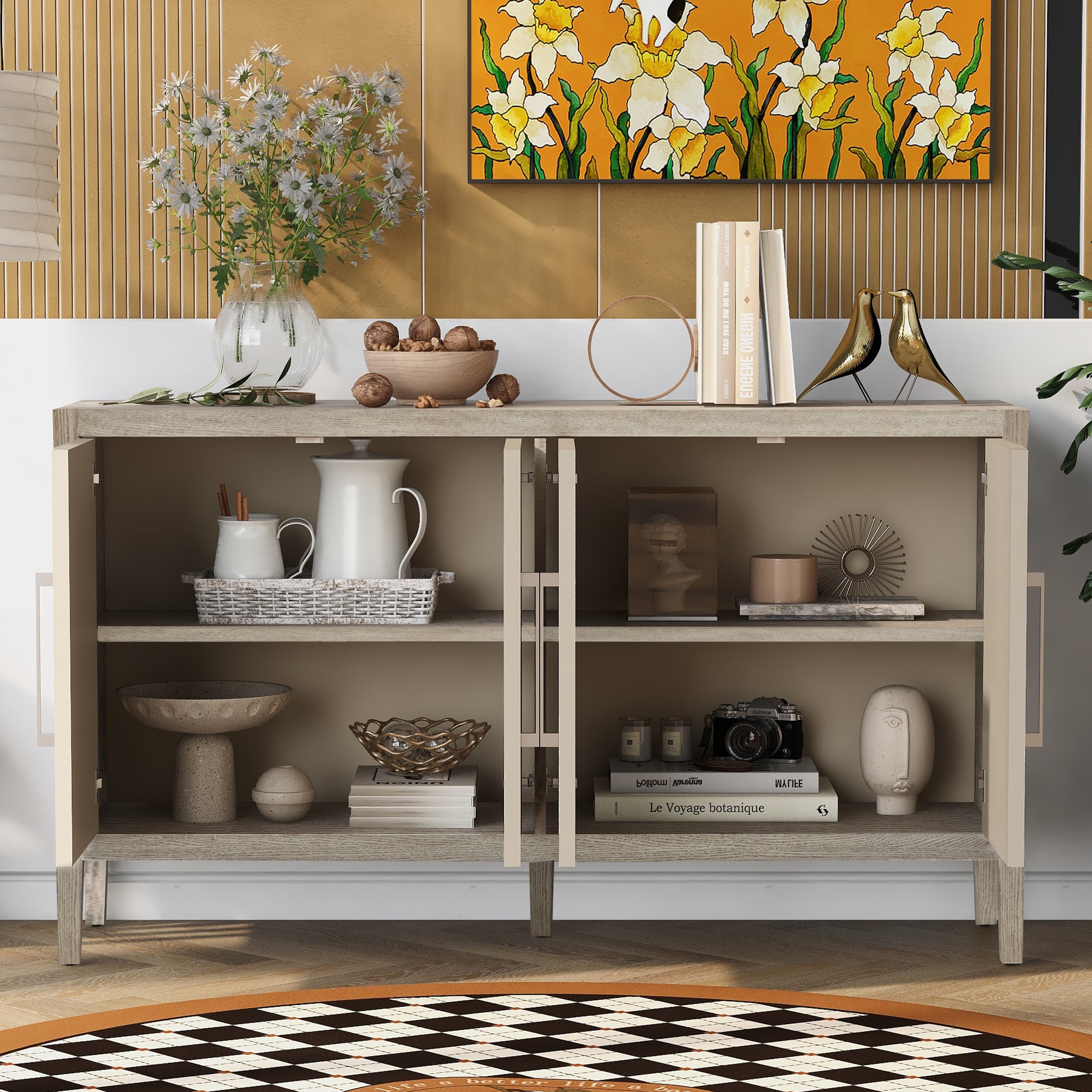 35" Tall MDF 4-door Accent Cabinet with 4 Metal handles and 4 Shelves