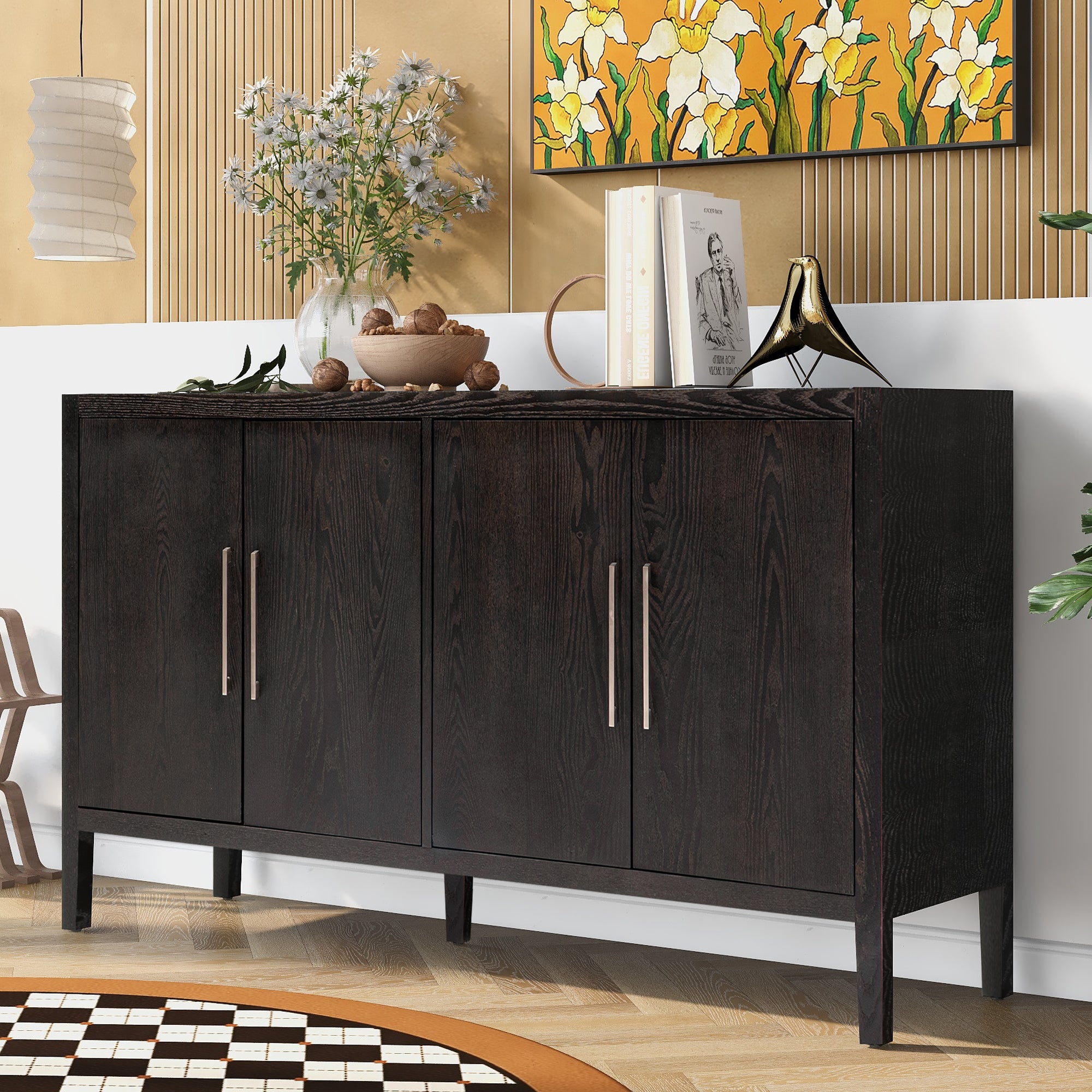 35" Tall MDF 4-door Accent Cabinet with 4 Metal handles and 4 Shelves