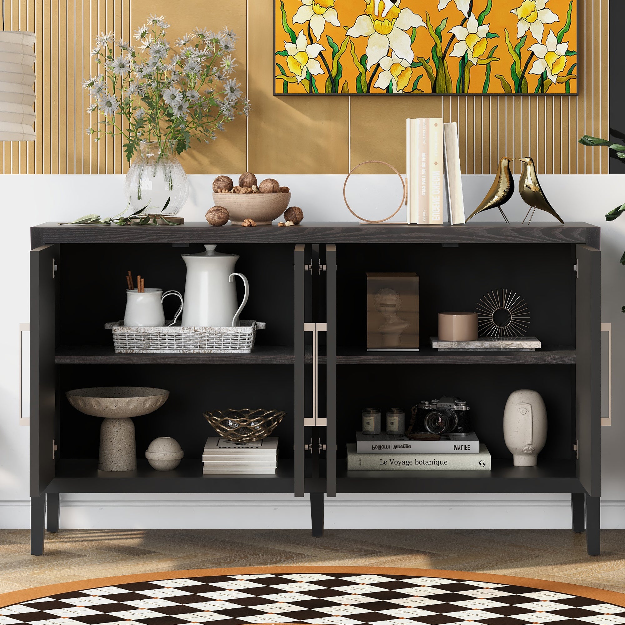 35" Tall MDF 4-door Accent Cabinet with 4 Metal handles and 4 Shelves