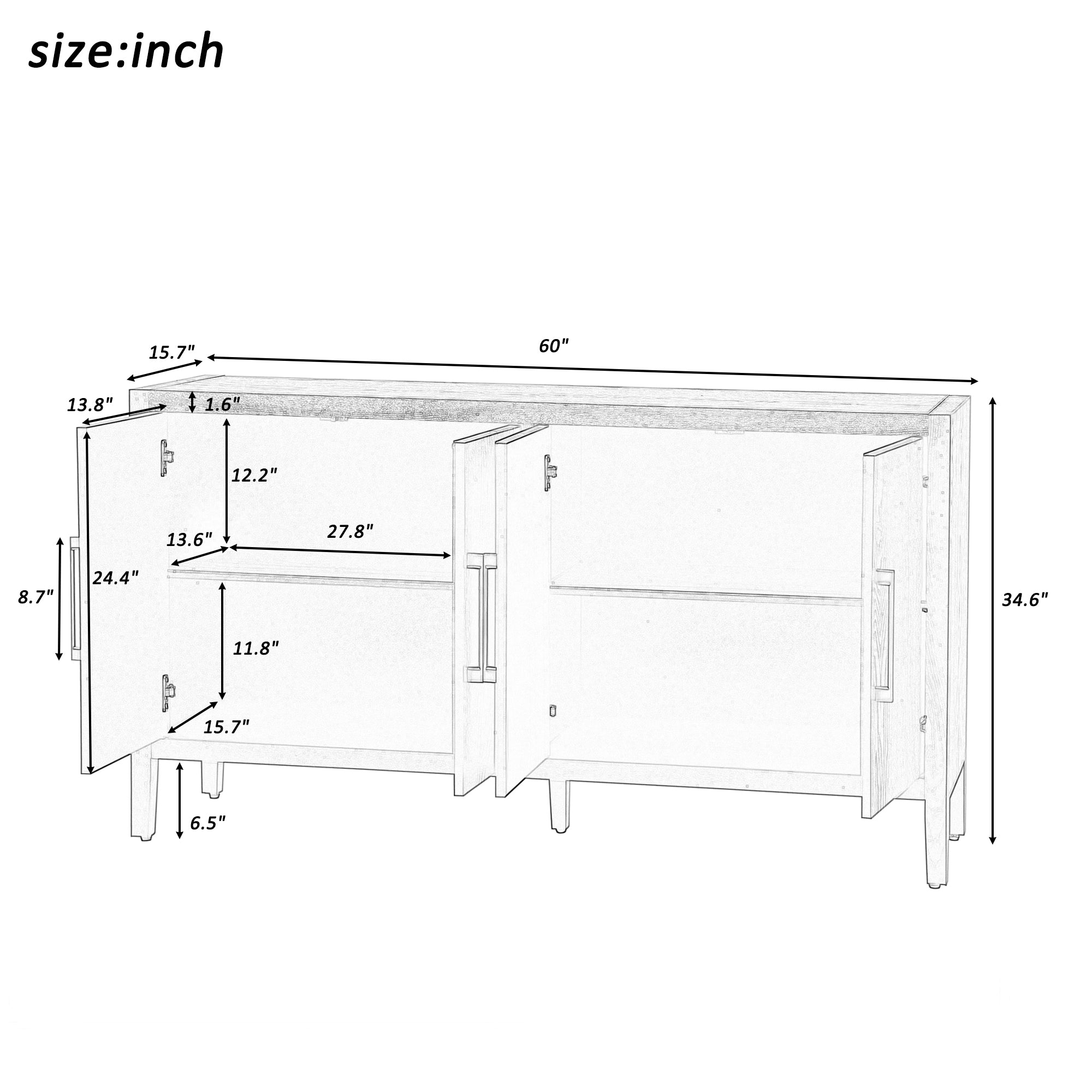 35" Tall MDF 4-door Accent Cabinet with 4 Metal handles and 4 Shelves