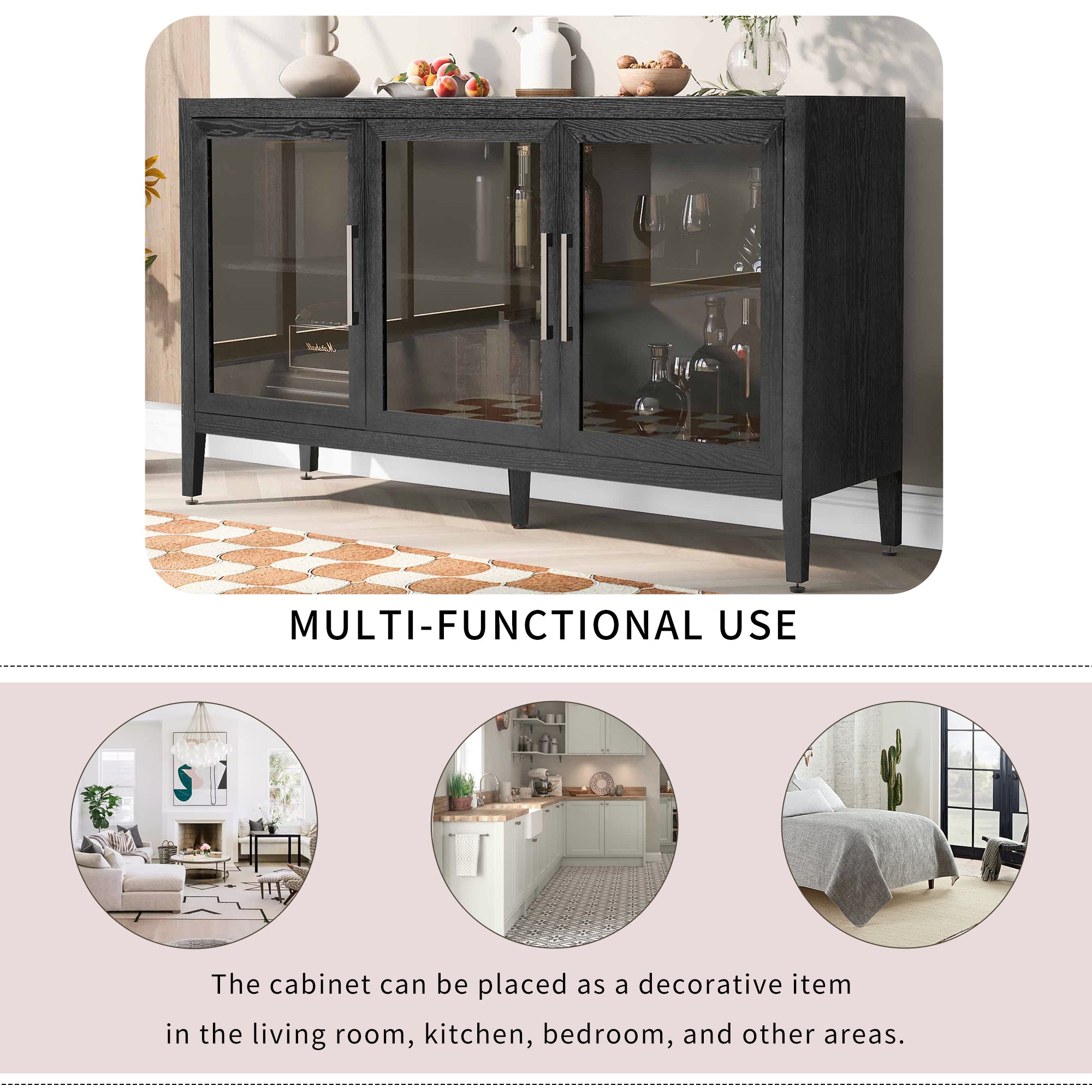 34" Tall MDF 3-door Accent Cabinet with Adjustable Shelf