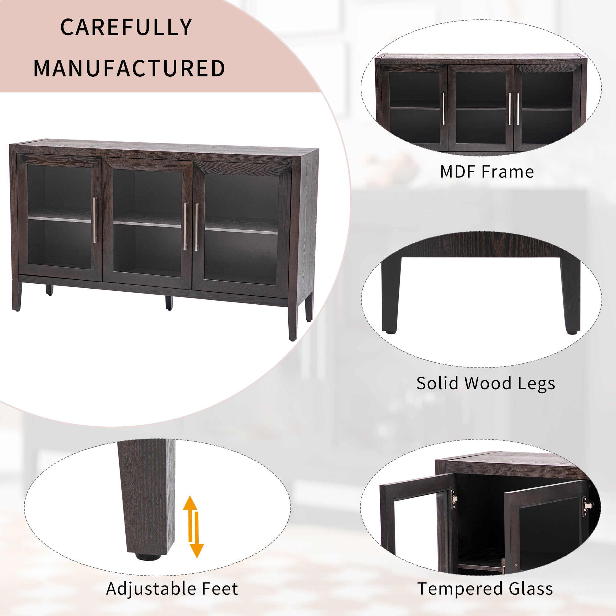 34" Tall MDF 3-door Accent Cabinet with Adjustable Shelf