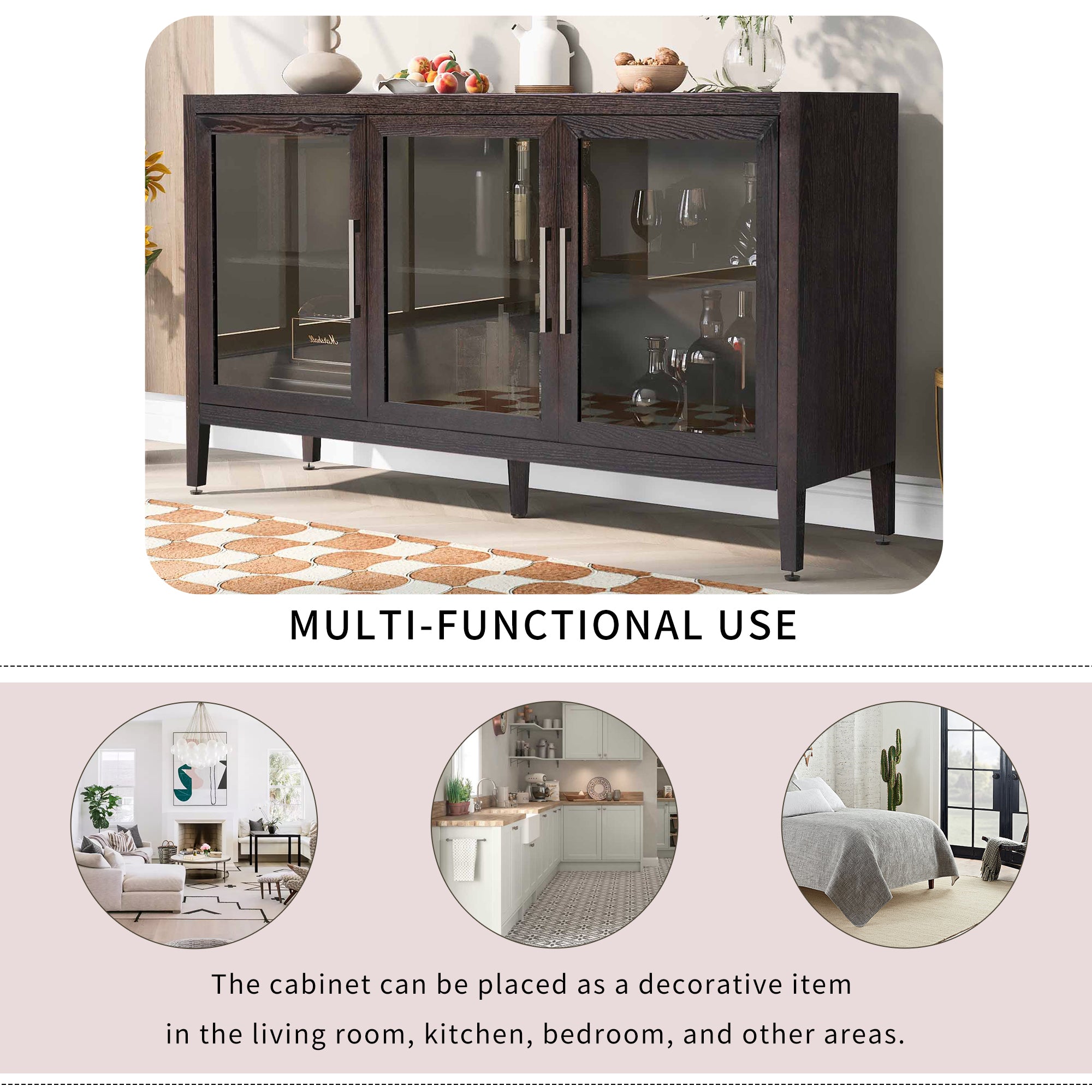 34" Tall MDF 3-door Accent Cabinet with Adjustable Shelf