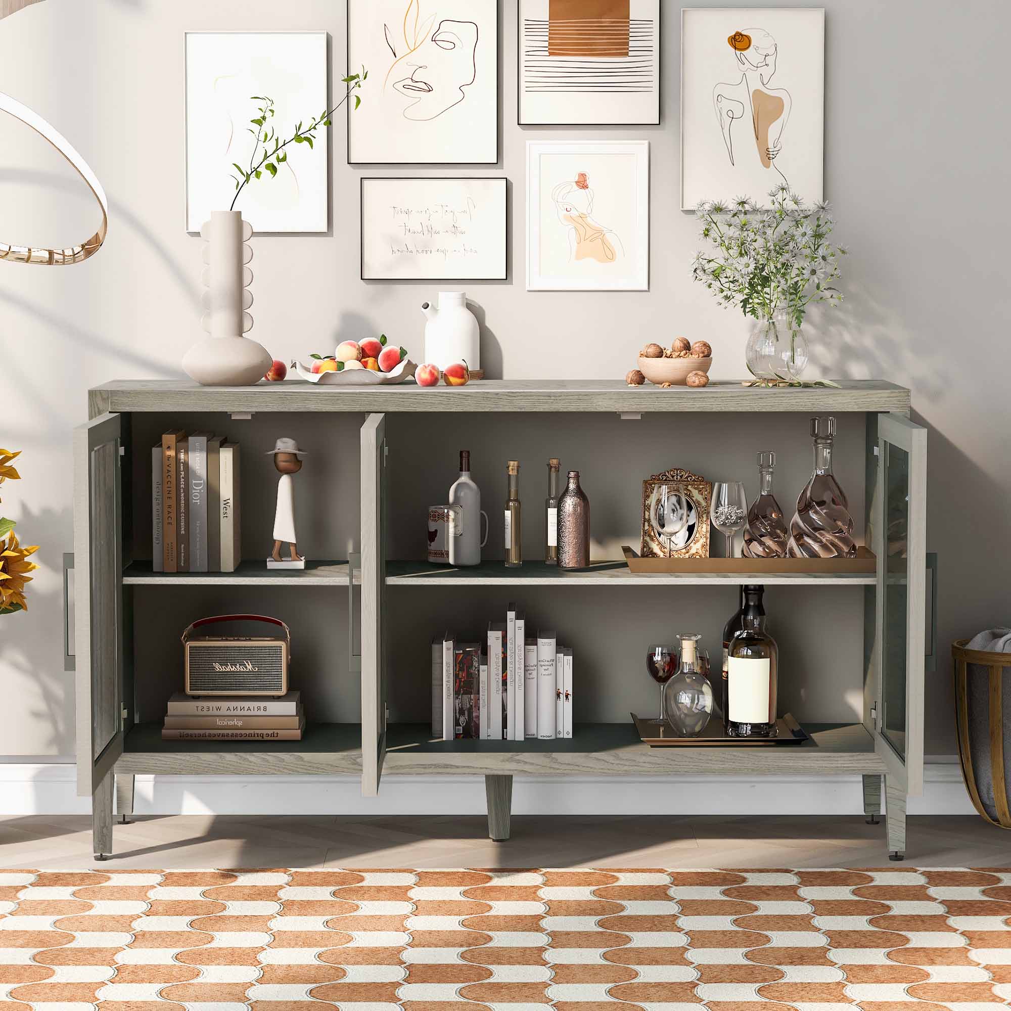 34" Tall MDF 3-door Accent Cabinet with Adjustable Shelf