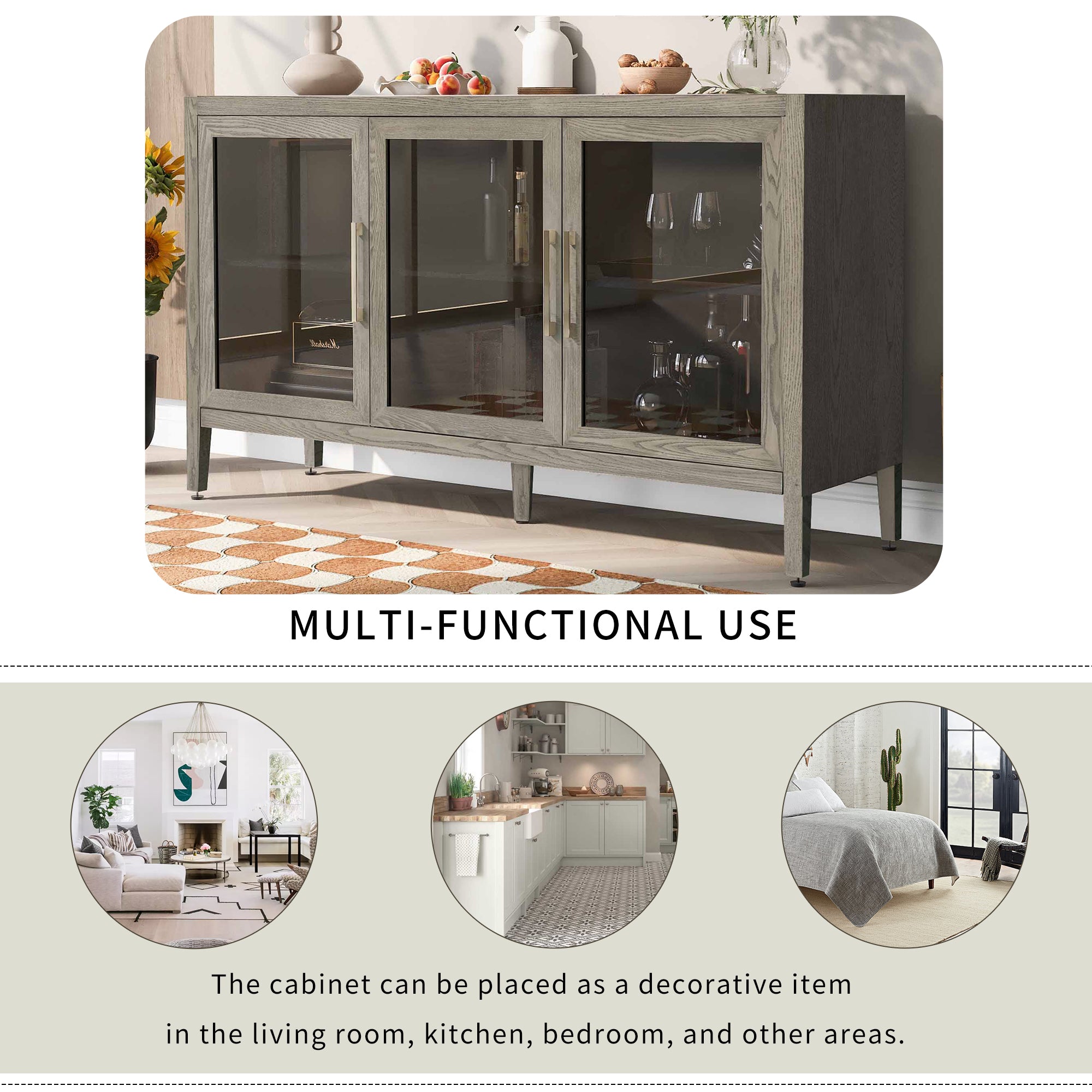 34" Tall MDF 3-door Accent Cabinet with Adjustable Shelf