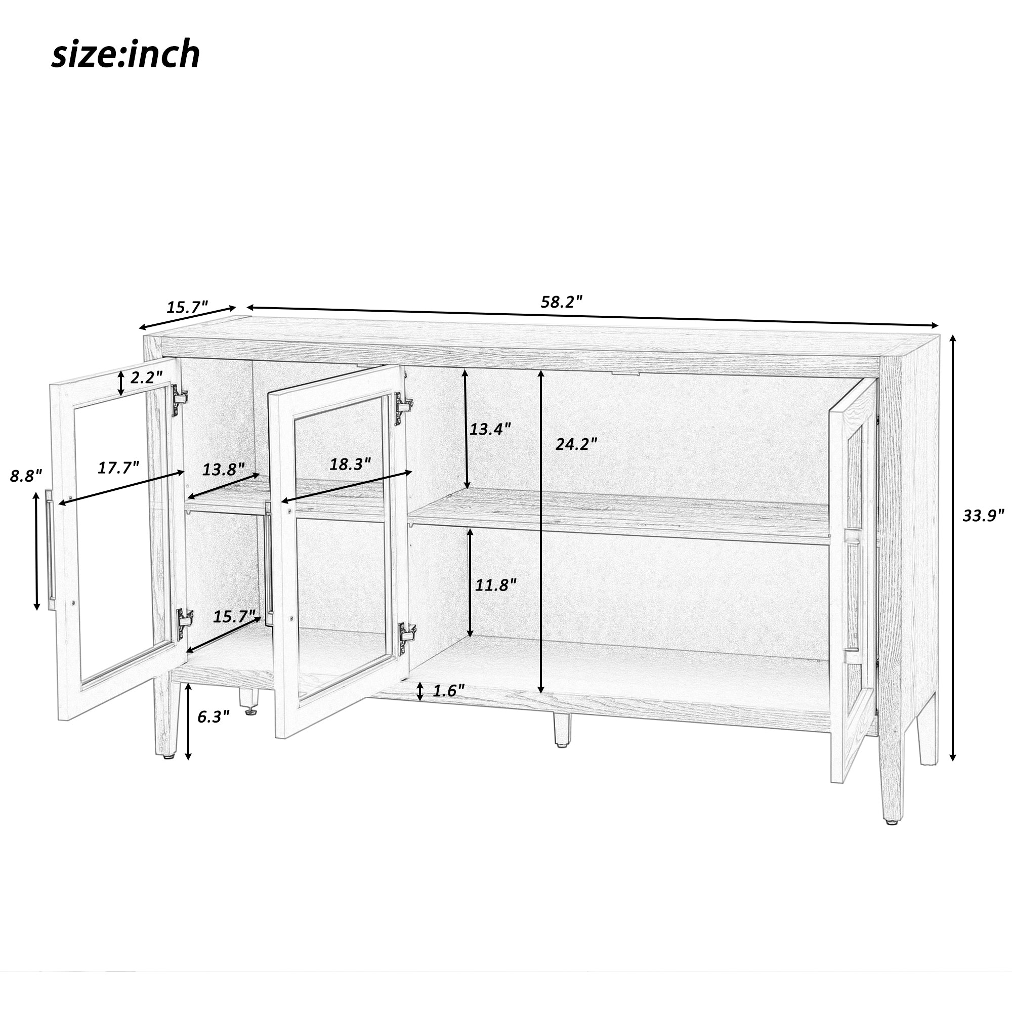 34" Tall MDF 3-door Accent Cabinet with Adjustable Shelf