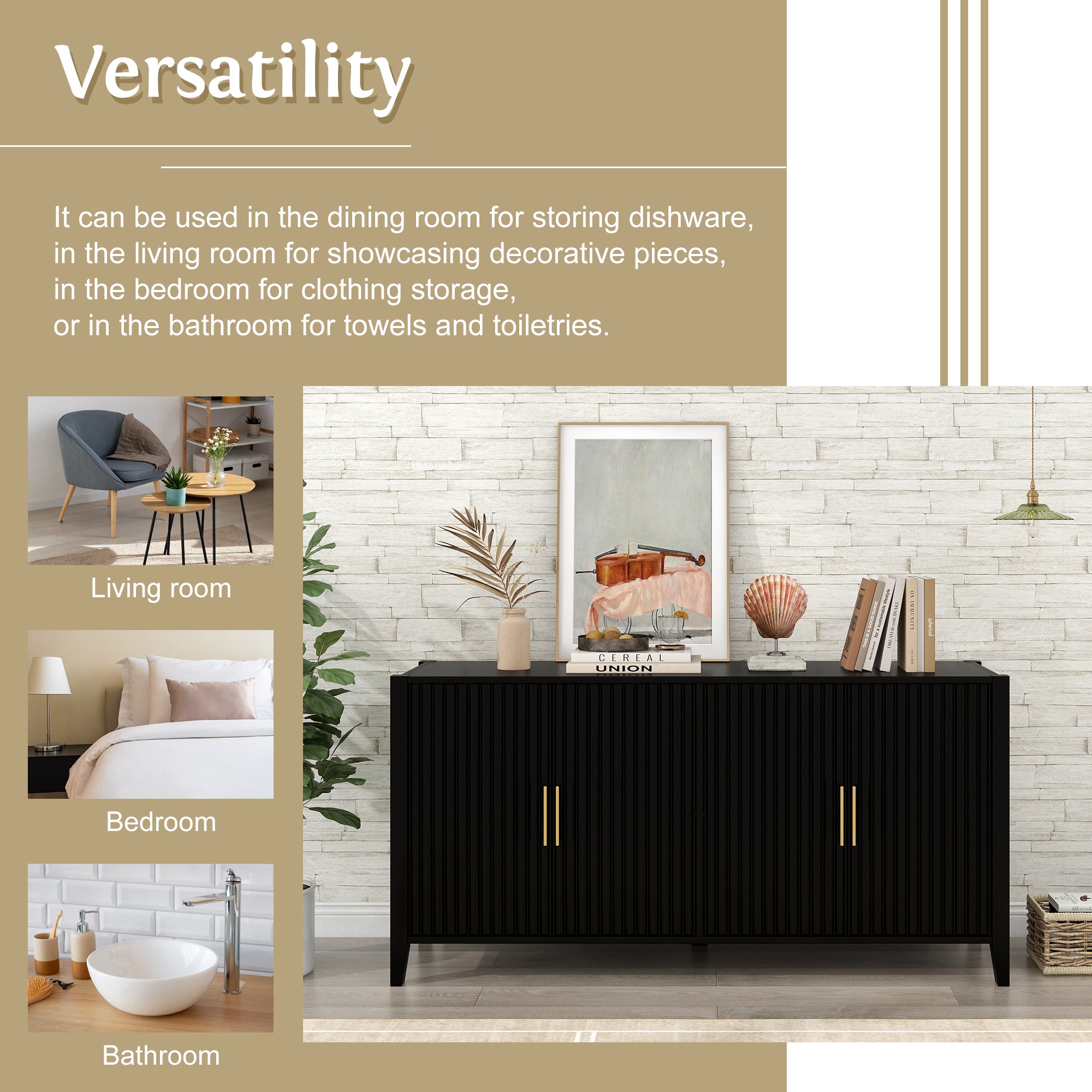 32" Tall Solid Wood and MDF 4-door Accent Cabinet with Metal Handles