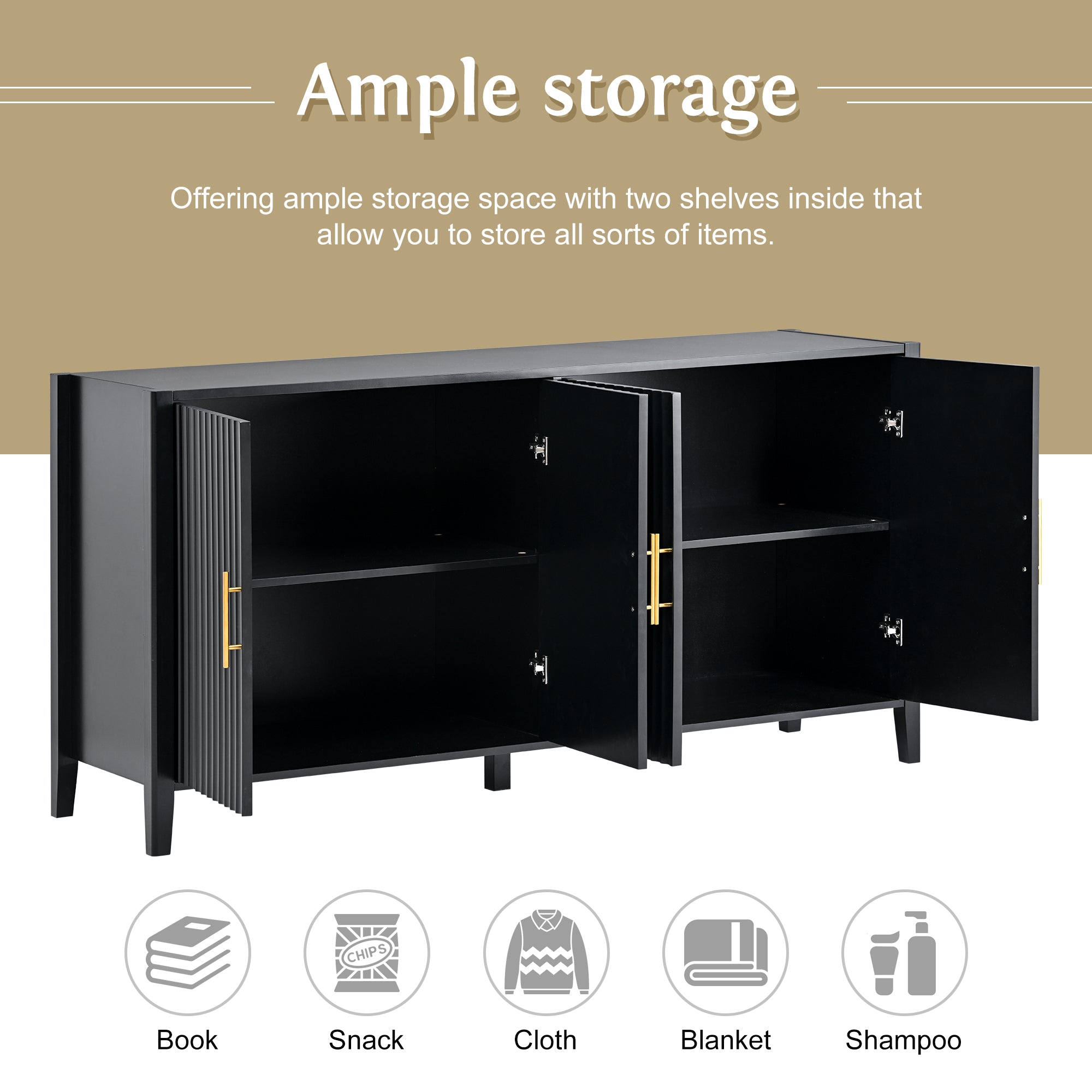 32" Tall Solid Wood and MDF 4-door Accent Cabinet with Metal Handles
