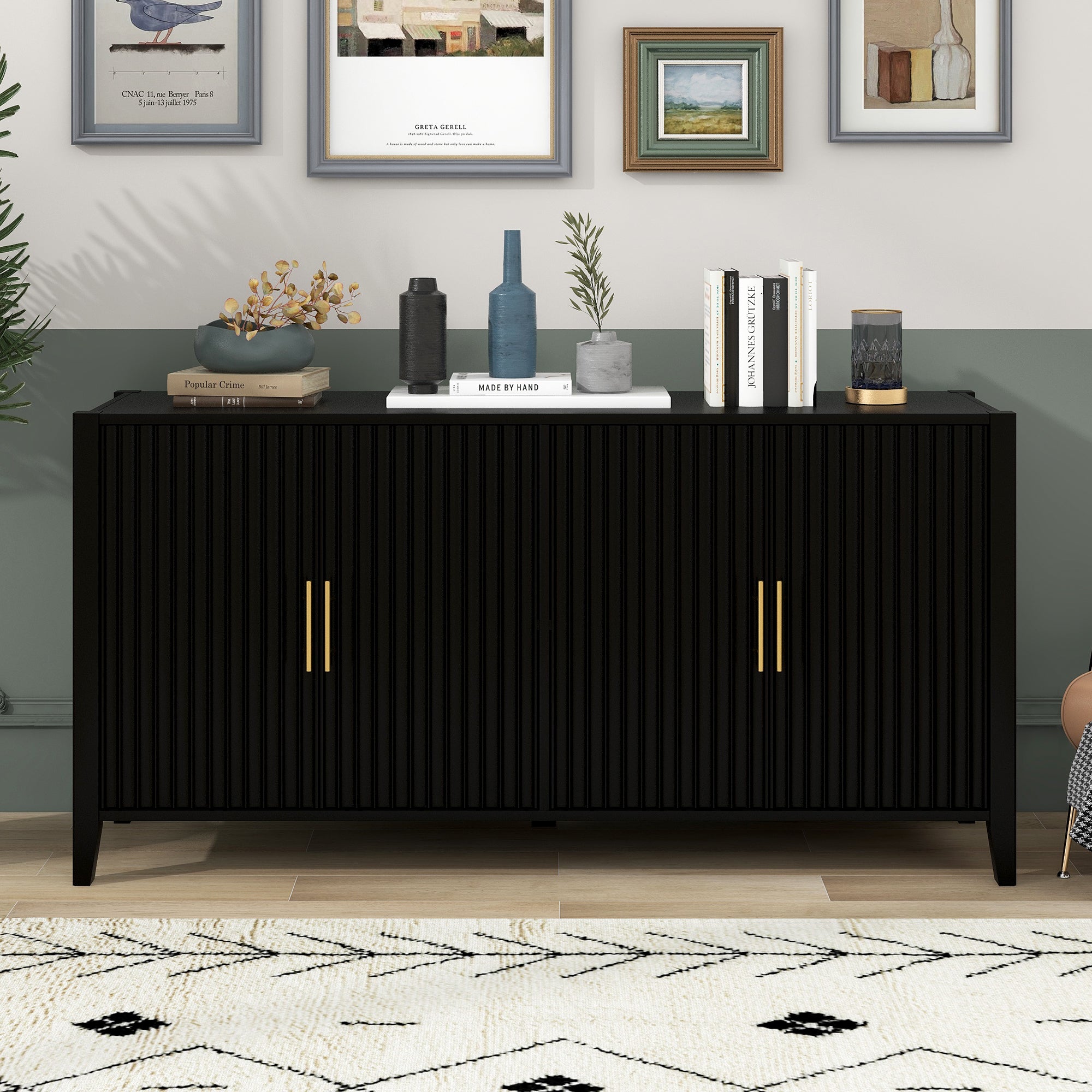 32" Tall Solid Wood and MDF 4-door Accent Cabinet with Metal Handles