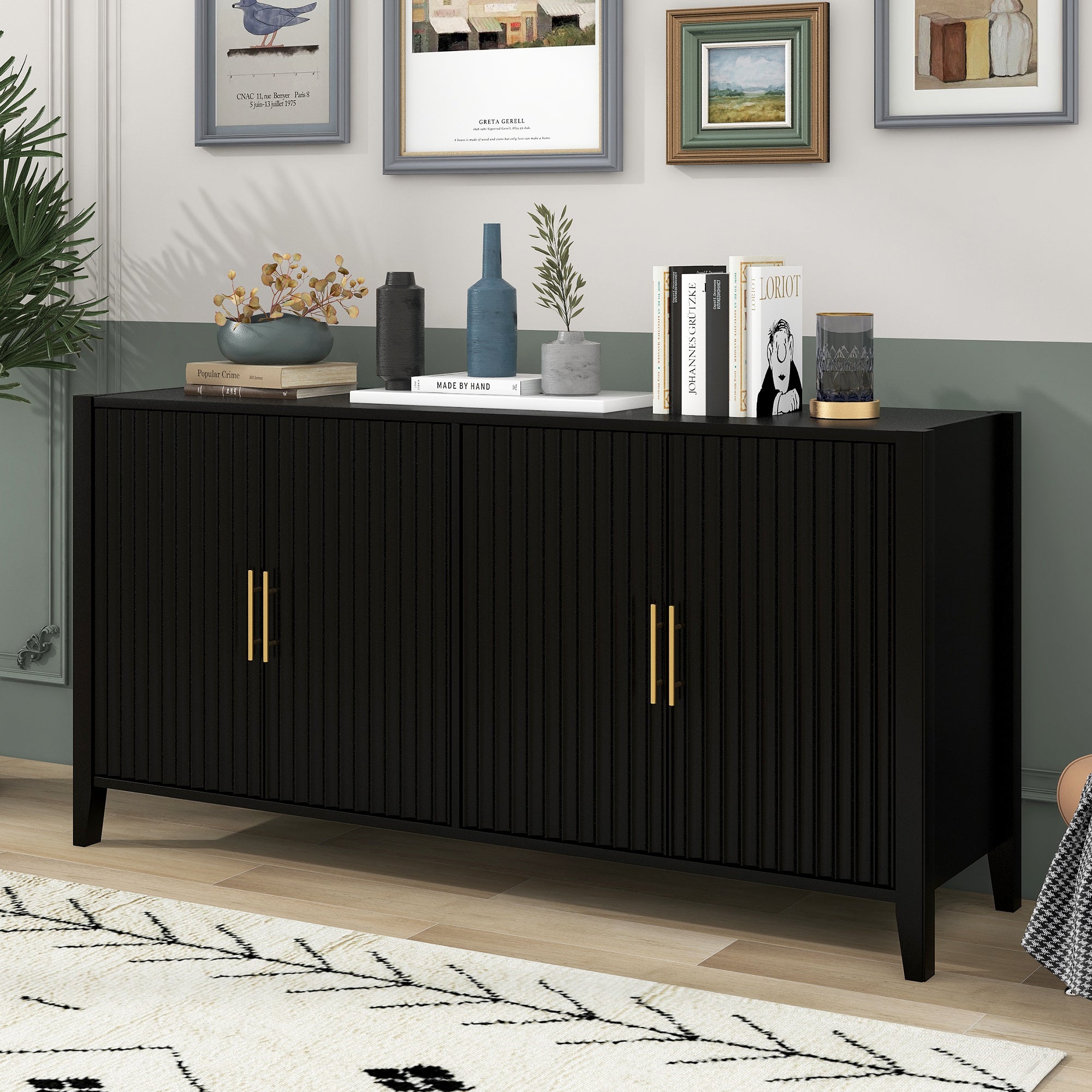 32" Tall Solid Wood and MDF 4-door Accent Cabinet with Metal Handles