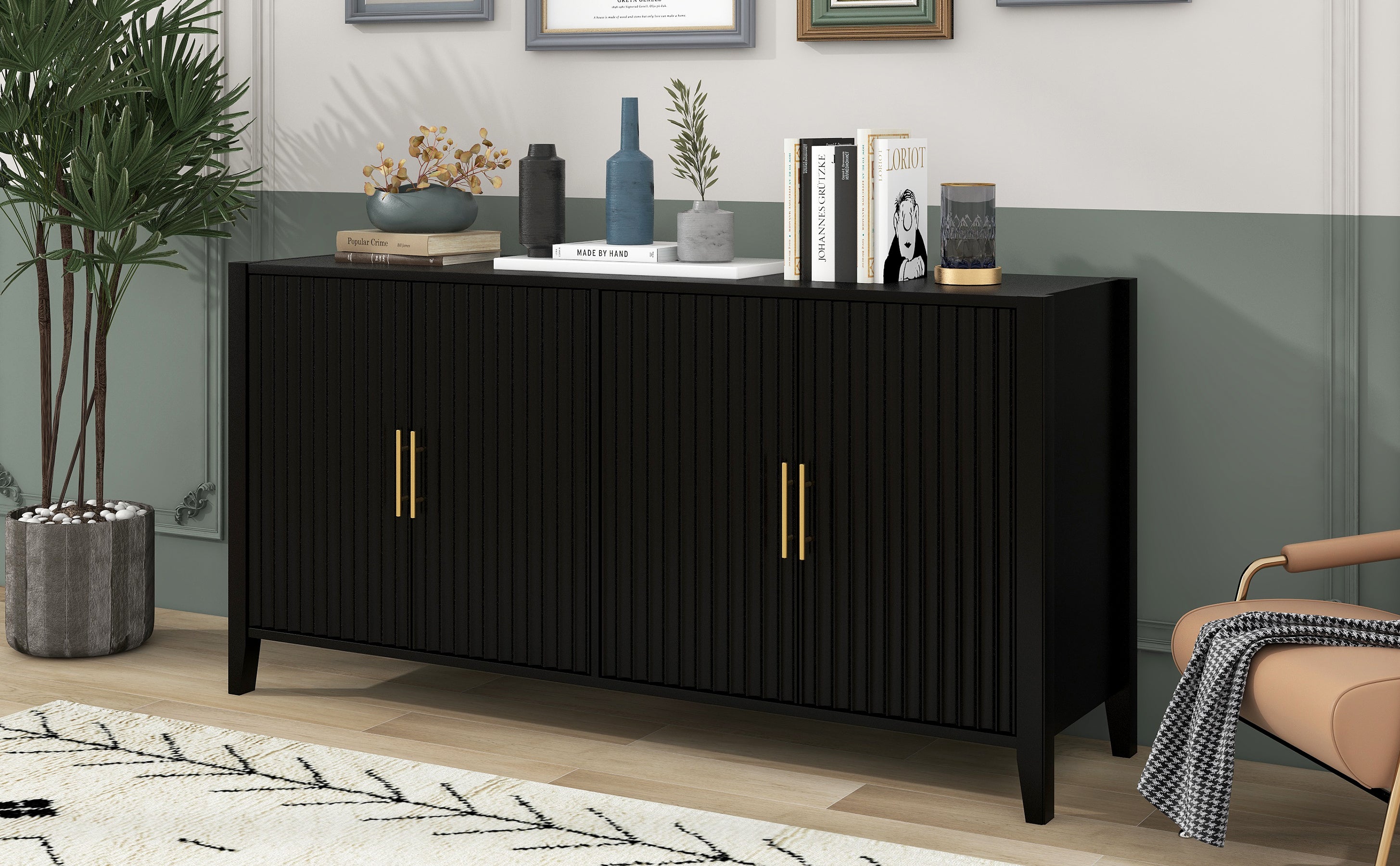 32" Tall Solid Wood and MDF 4-door Accent Cabinet with Metal Handles