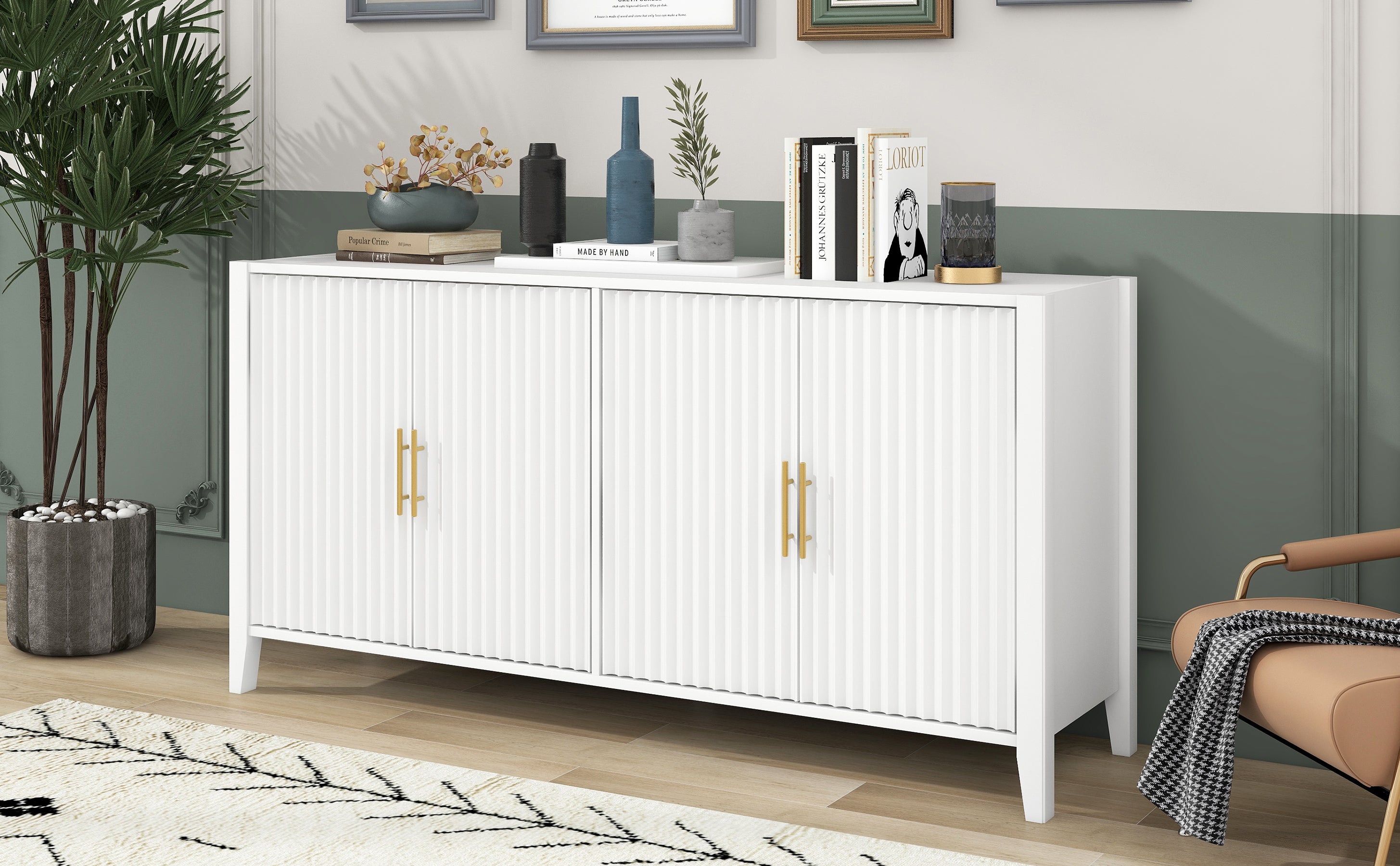 32" Tall Solid Wood and MDF 4-door Accent Cabinet with Metal Handles