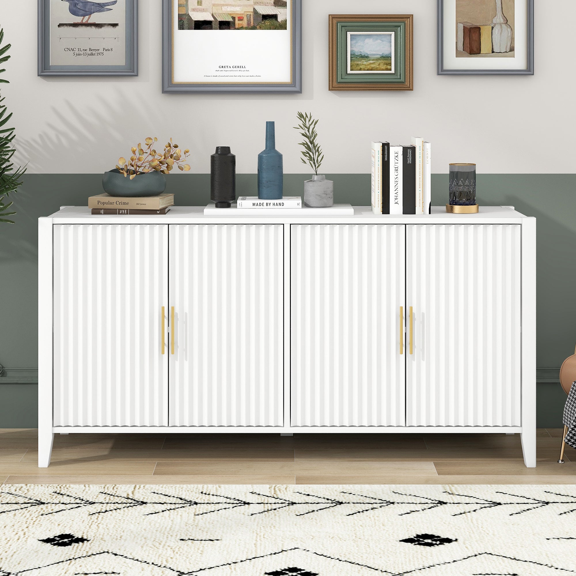 32" Tall Solid Wood and MDF 4-door Accent Cabinet with Metal Handles