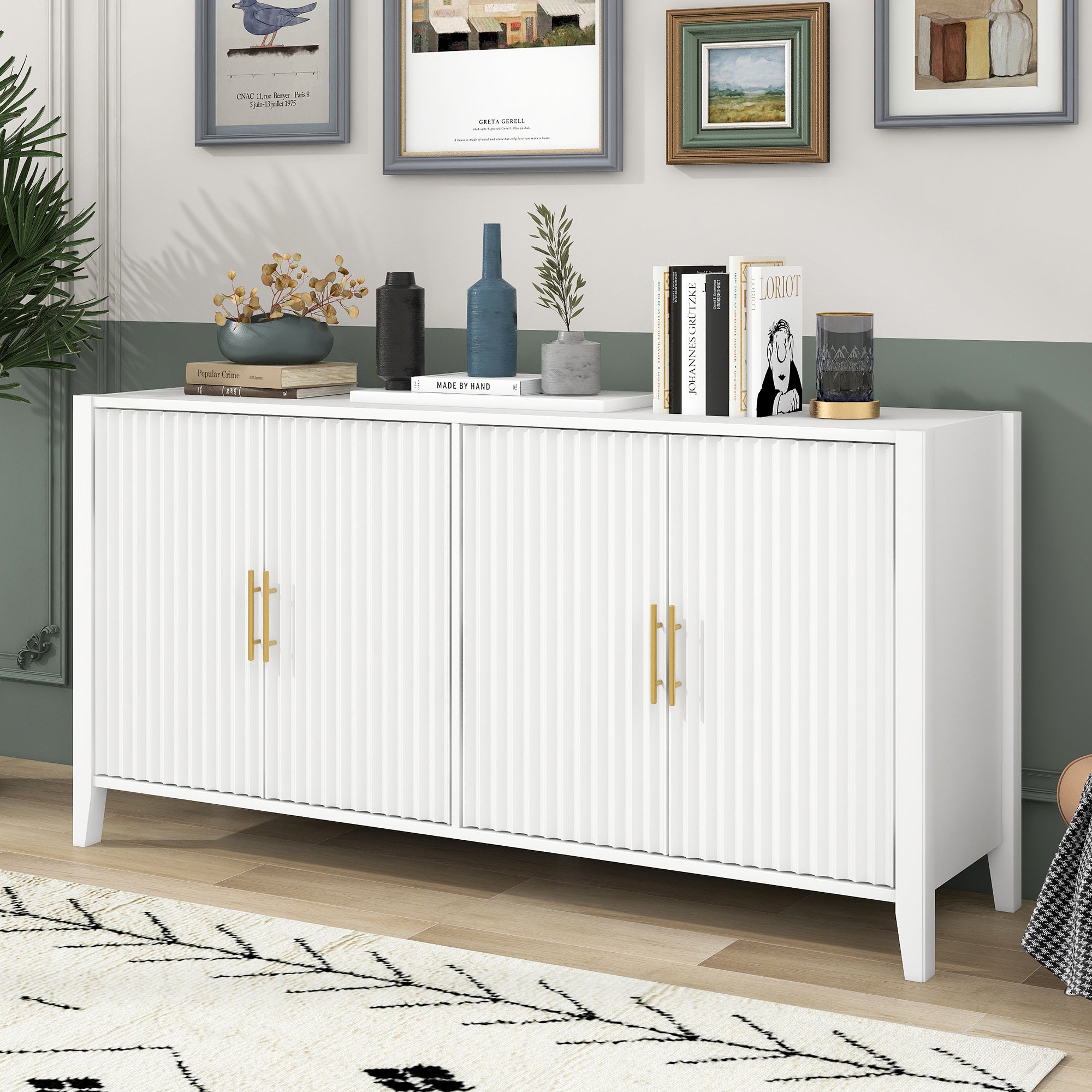 32" Tall Solid Wood and MDF 4-door Accent Cabinet with Metal Handles