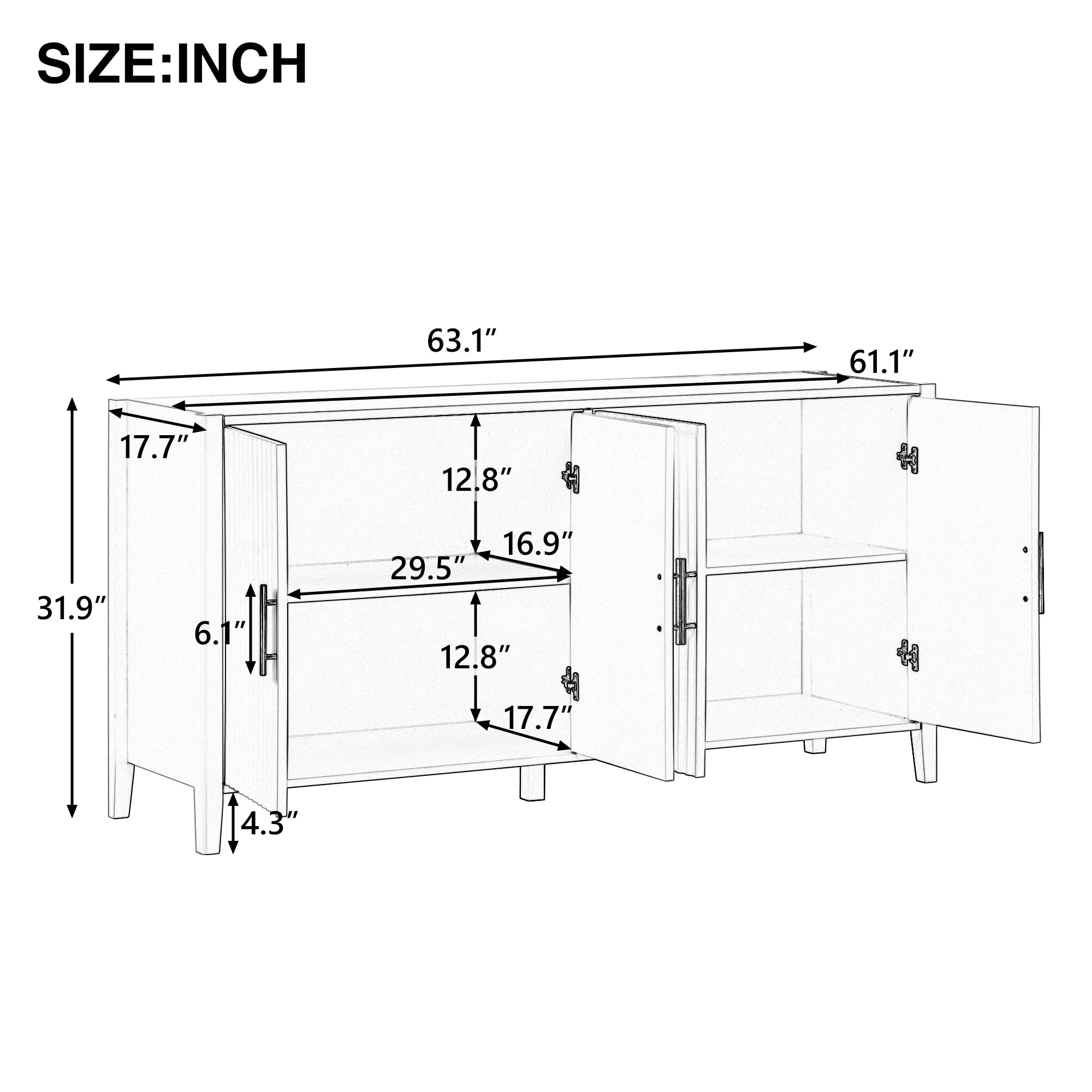 32" Tall Solid Wood and MDF 4-door Accent Cabinet with Metal Handles