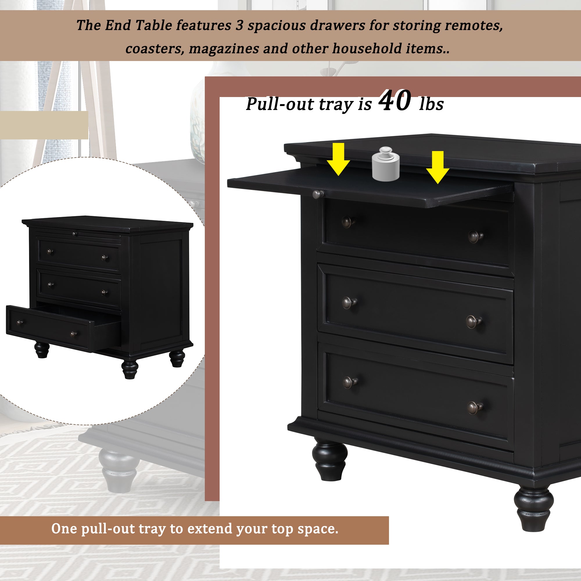 3-Drawer Storage Wood Cabinet End Table with Pull out Tray