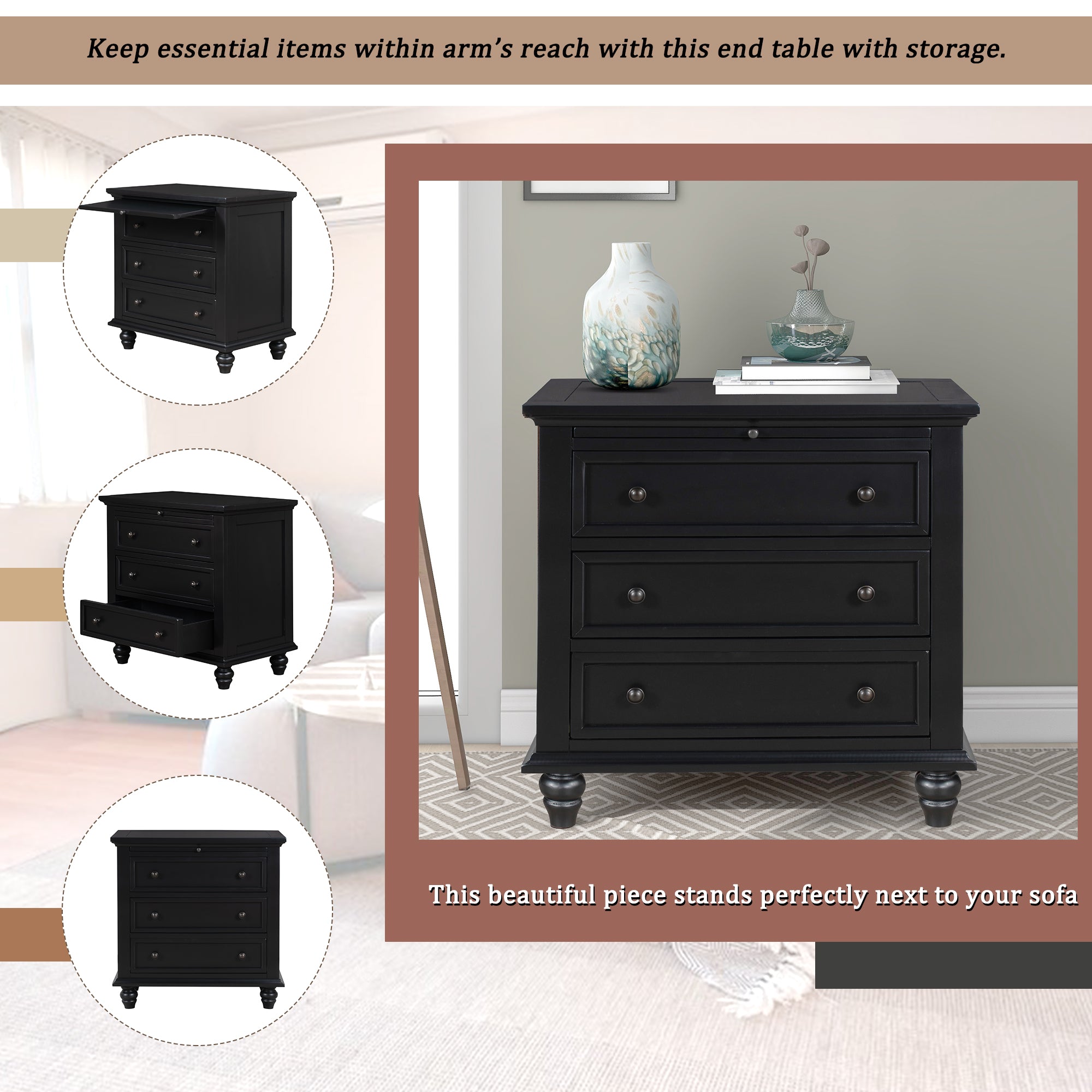3-Drawer Storage Wood Cabinet End Table with Pull out Tray