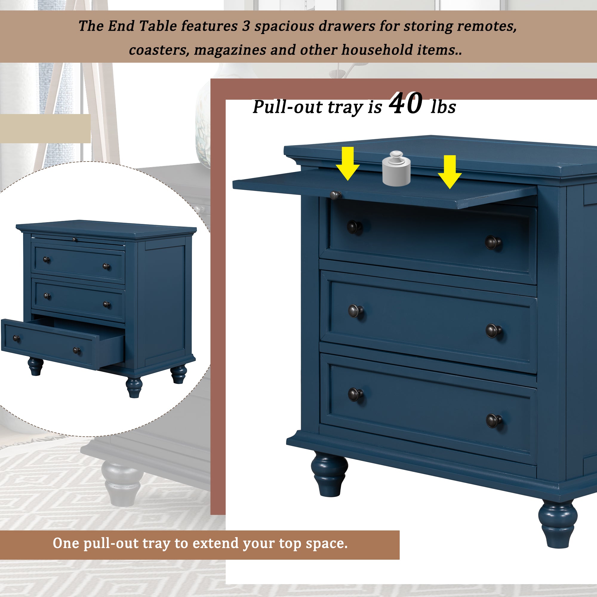 3-Drawer Storage Wood Cabinet End Table with Pull out Tray