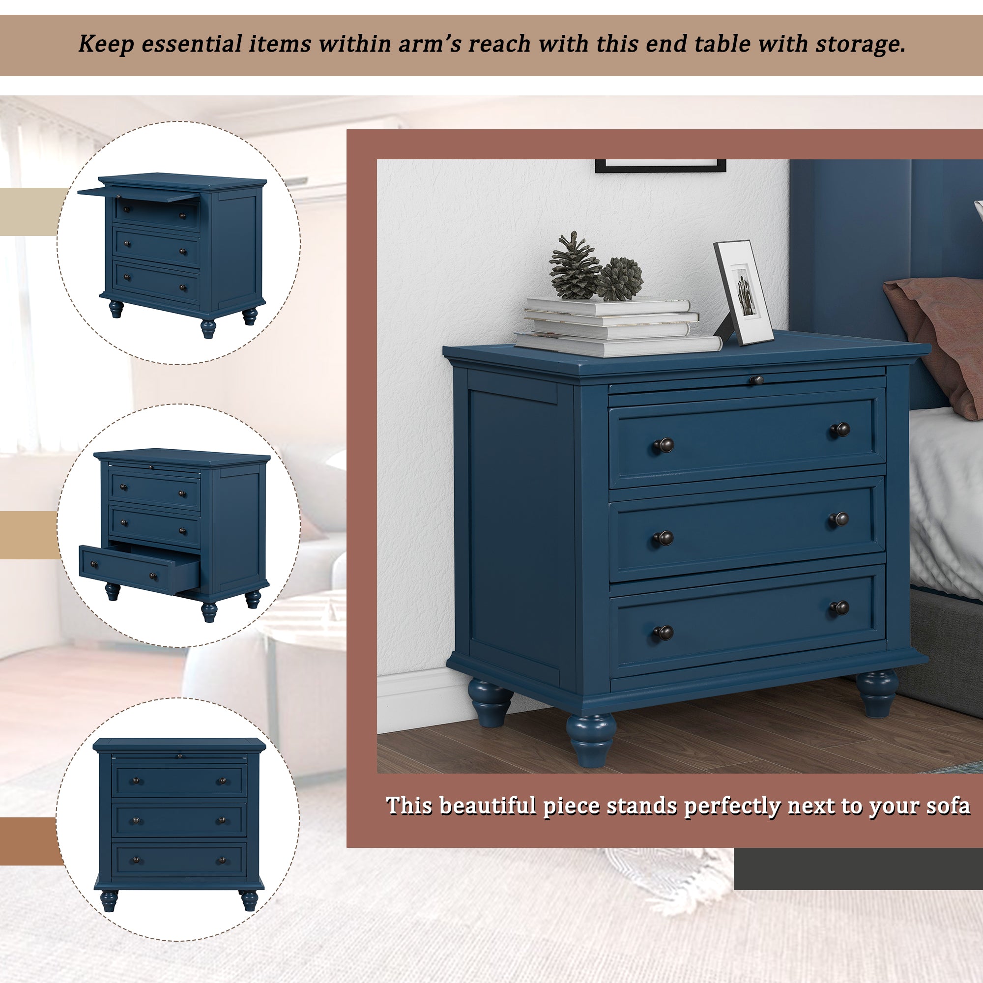 3-Drawer Storage Wood Cabinet End Table with Pull out Tray