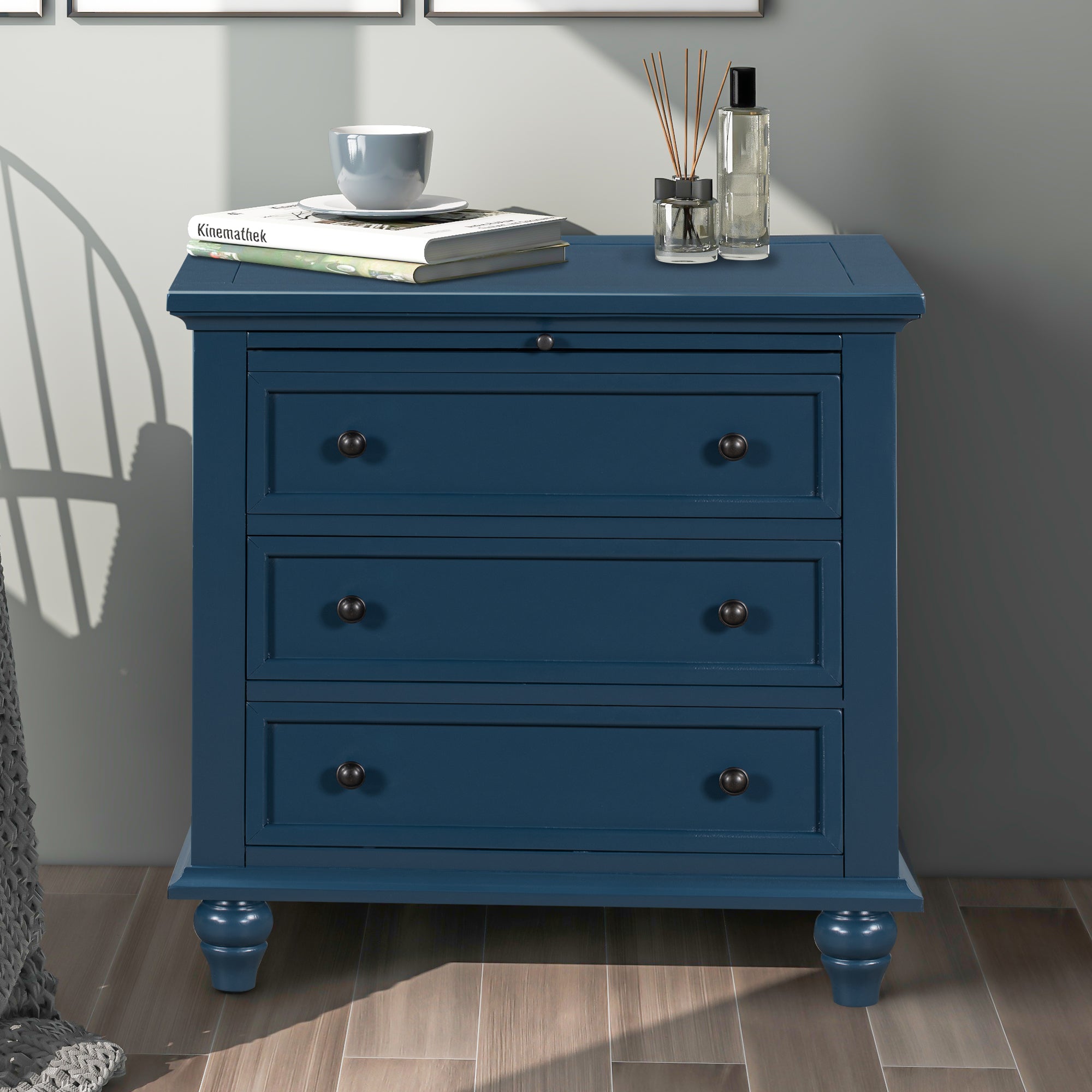 3-Drawer Storage Wood Cabinet End Table with Pull out Tray