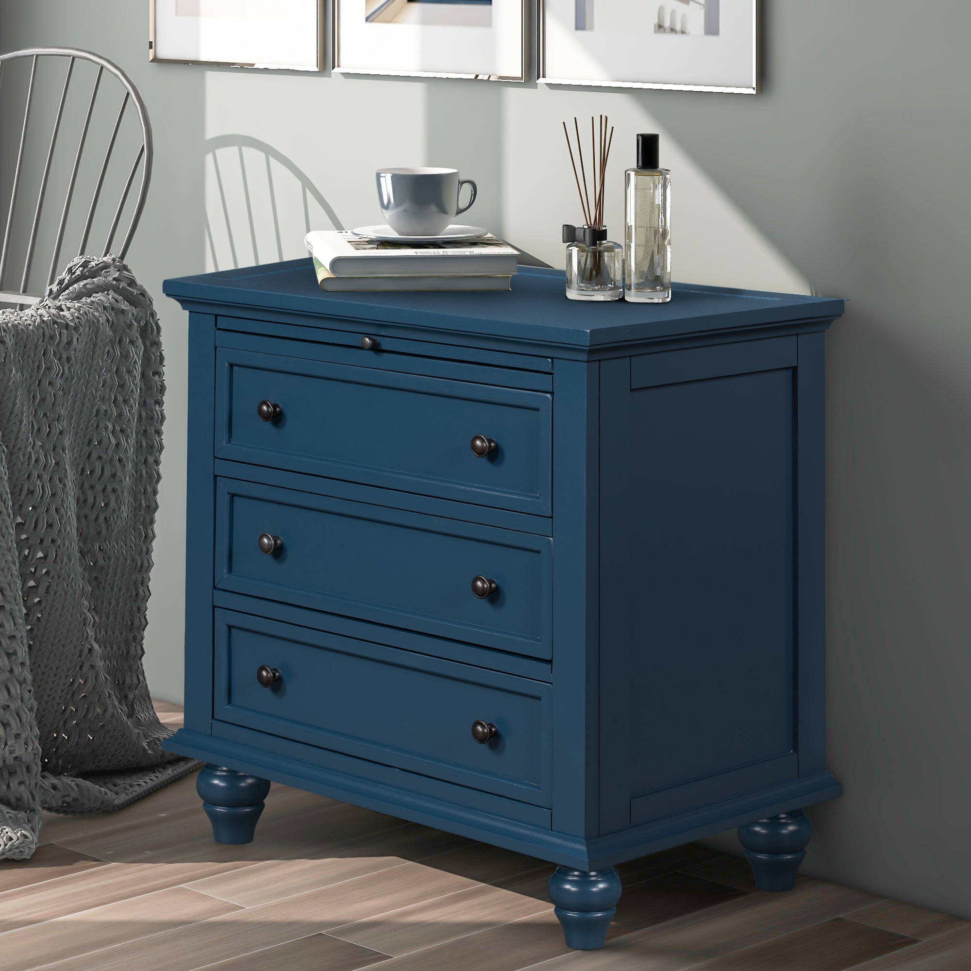 3-Drawer Storage Wood Cabinet End Table with Pull out Tray
