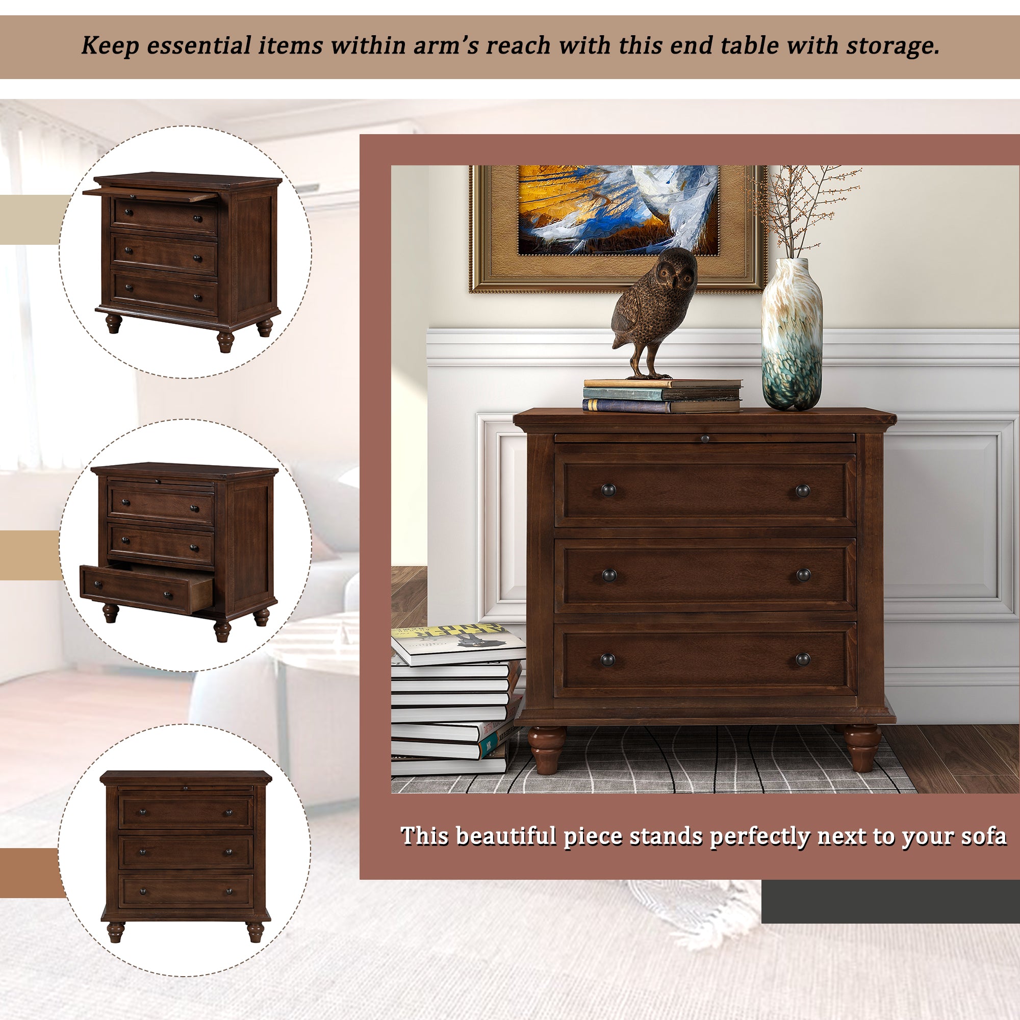 3-Drawer Storage Wood Cabinet End Table with Pull out Tray