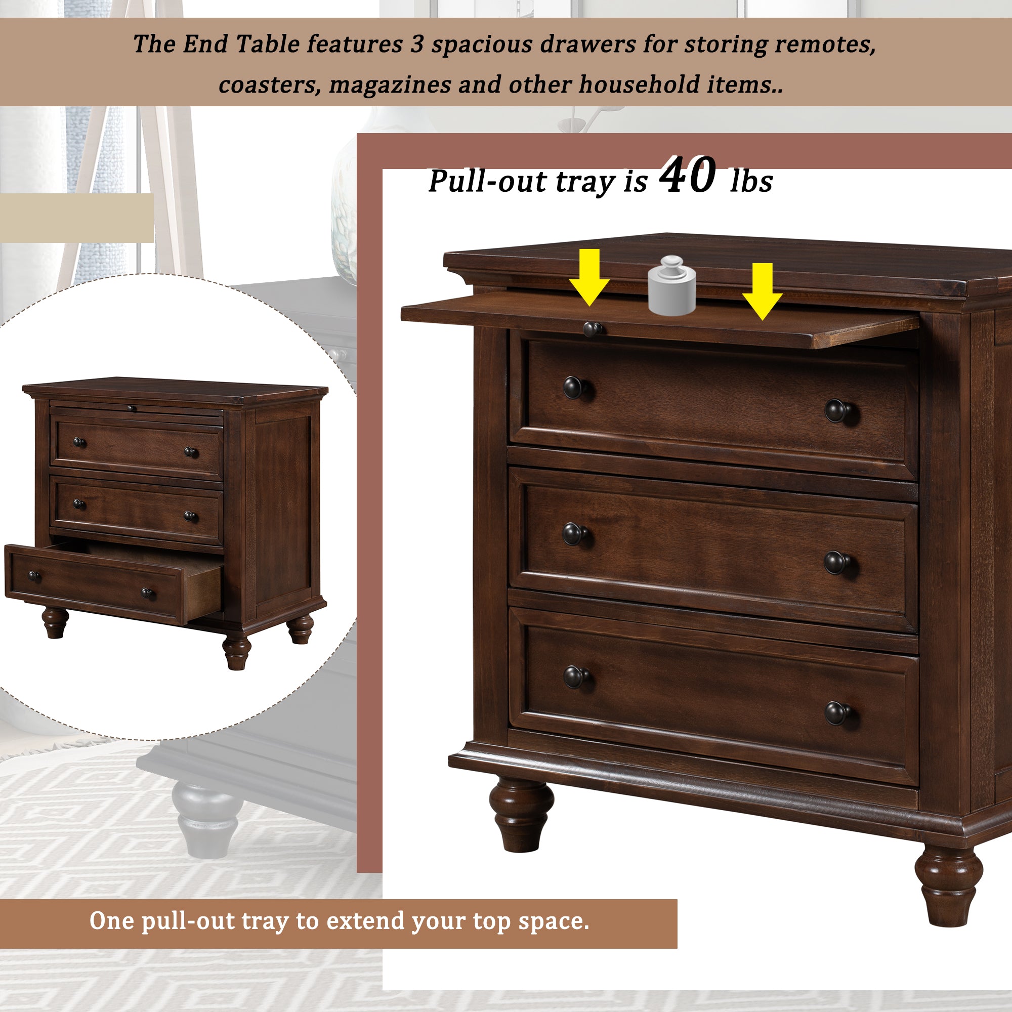 3-Drawer Storage Wood Cabinet End Table with Pull out Tray