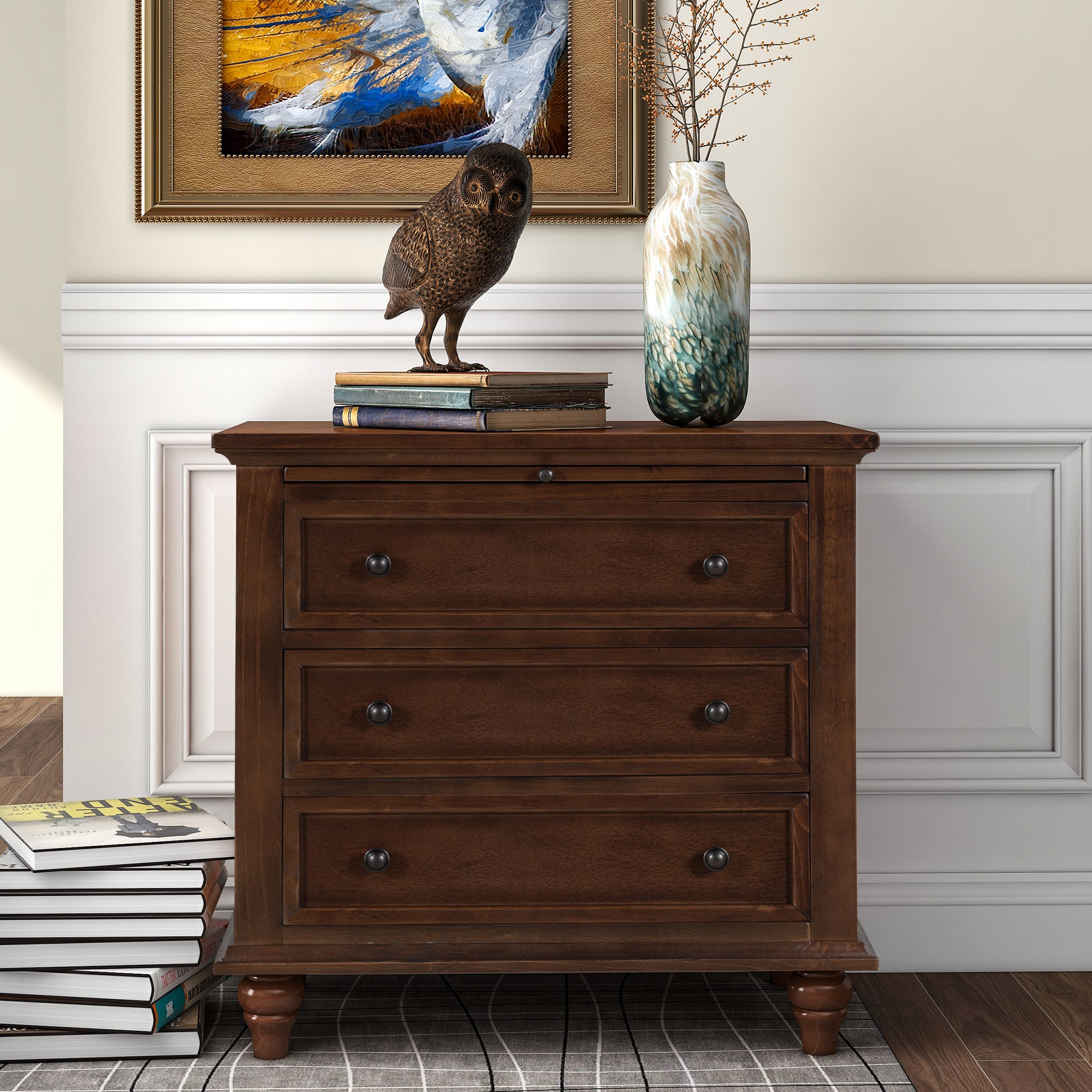 3-Drawer Storage Wood Cabinet End Table with Pull out Tray