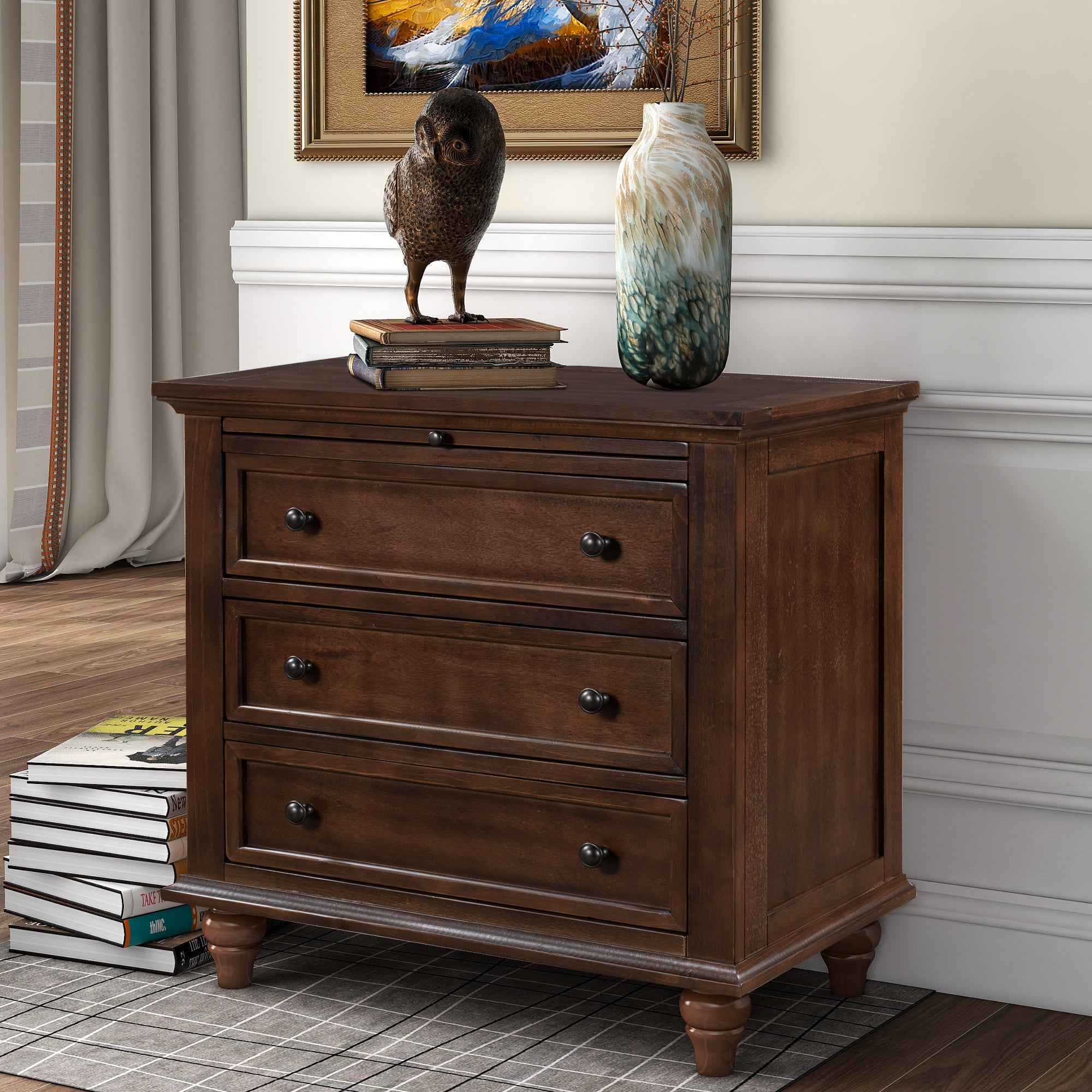 3-Drawer Storage Wood Cabinet End Table with Pull out Tray