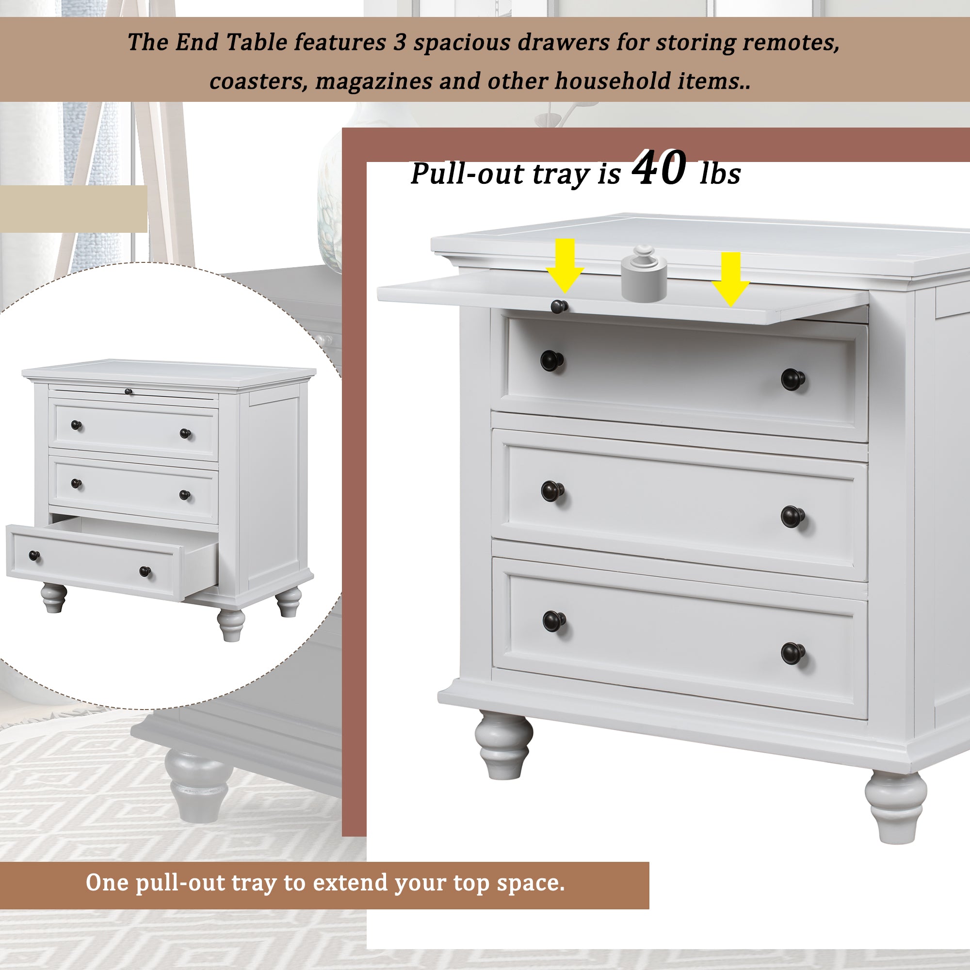 3-Drawer Storage Wood Cabinet End Table with Pull out Tray