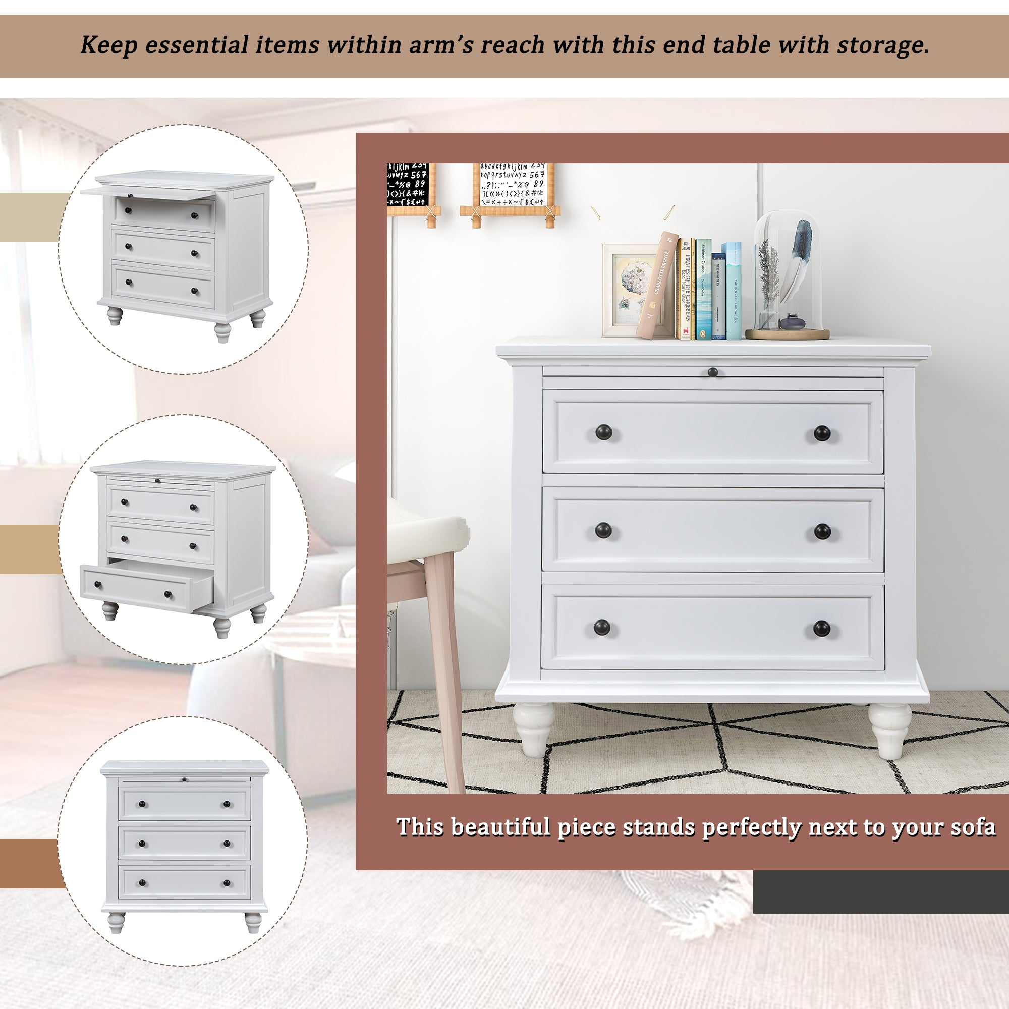 3-Drawer Storage Wood Cabinet End Table with Pull out Tray