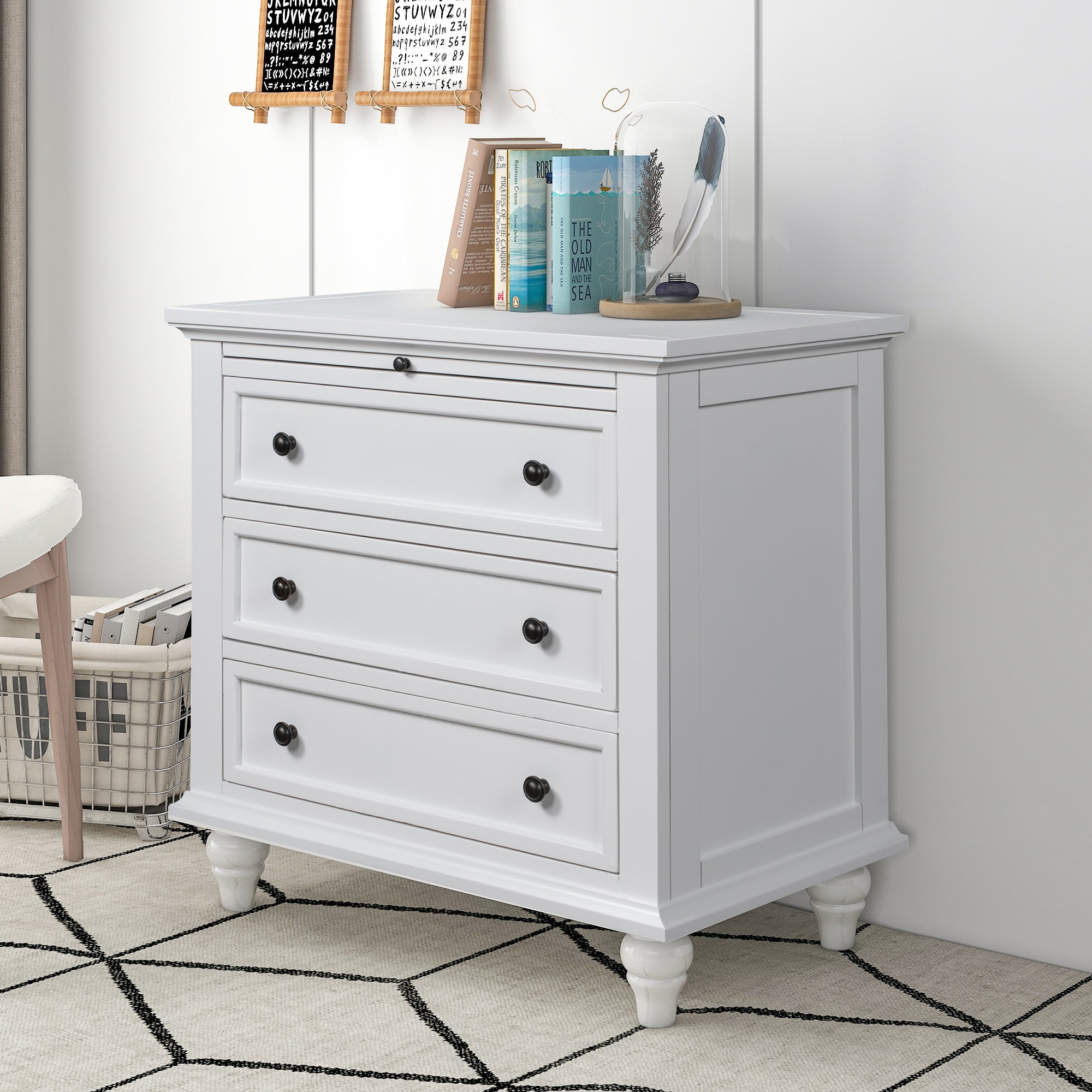 3-Drawer Storage Wood Cabinet End Table with Pull out Tray