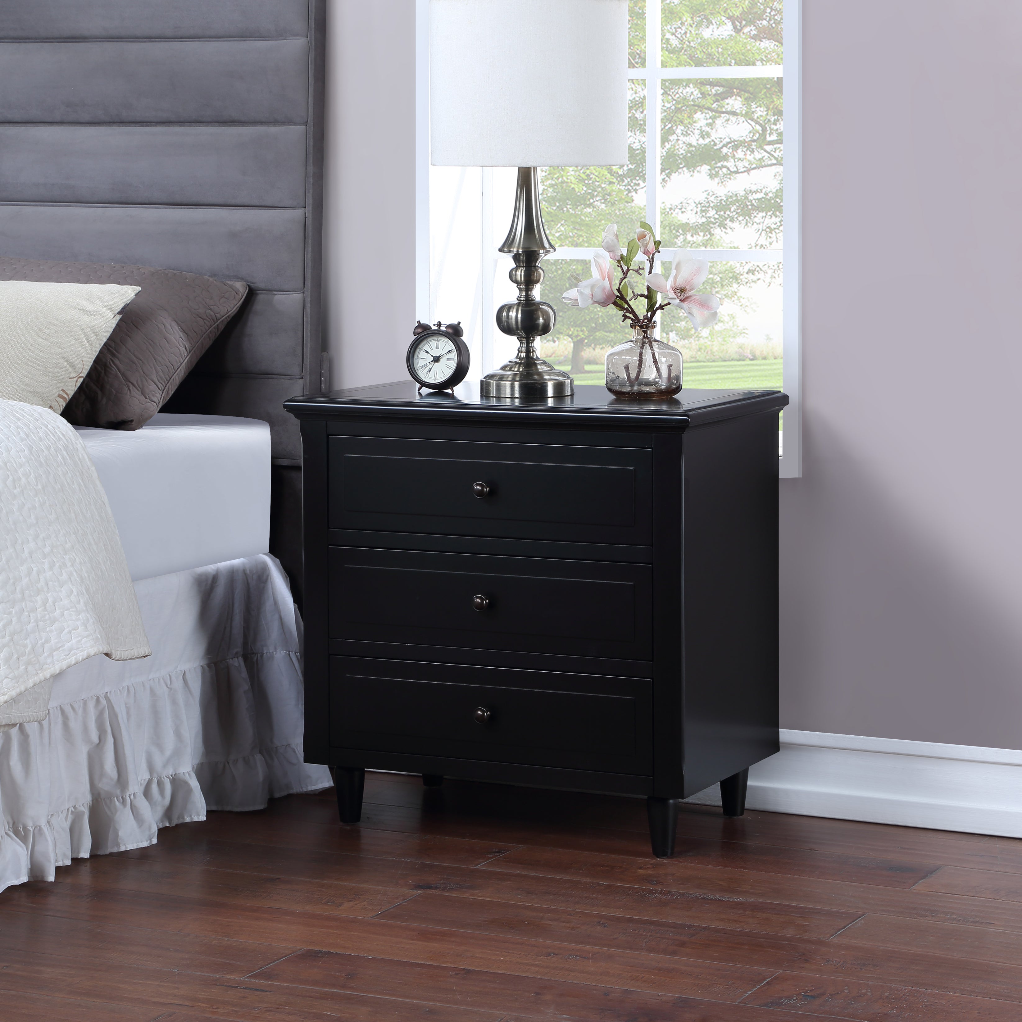 3-Drawer Pine Wood Nightstand in Black