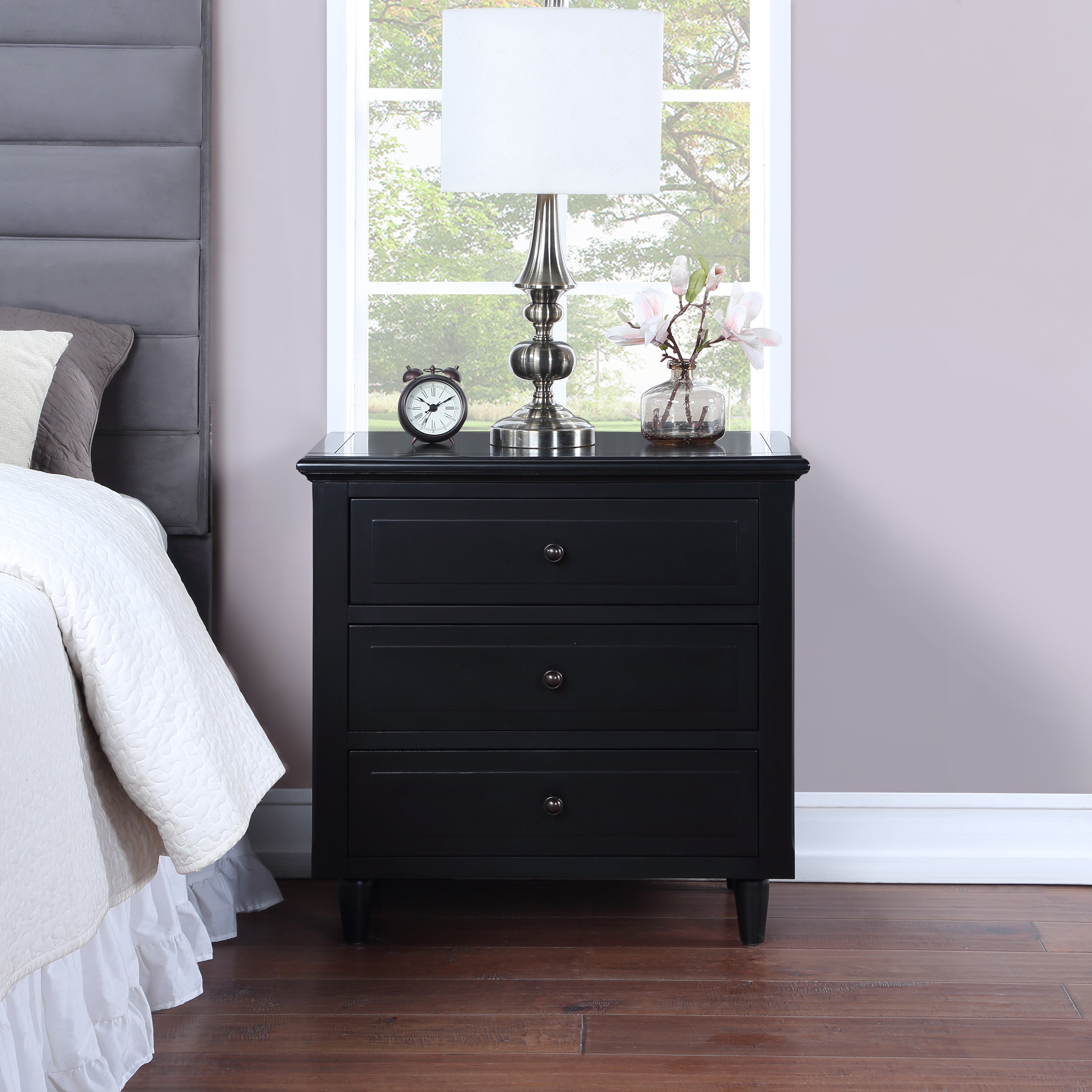 3-Drawer Pine Wood Nightstand in Black