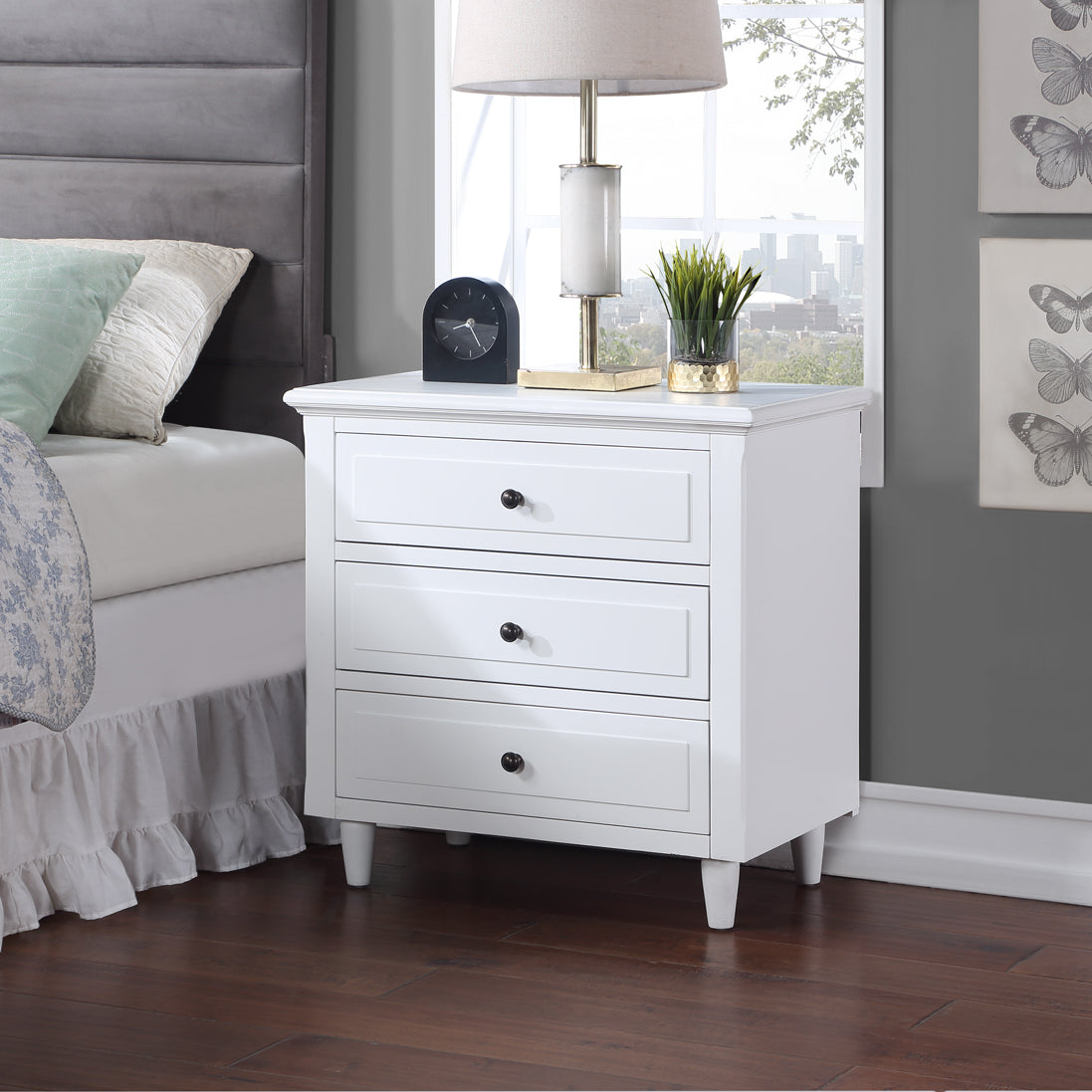3-Drawer Pine Wood Nightstand in Black