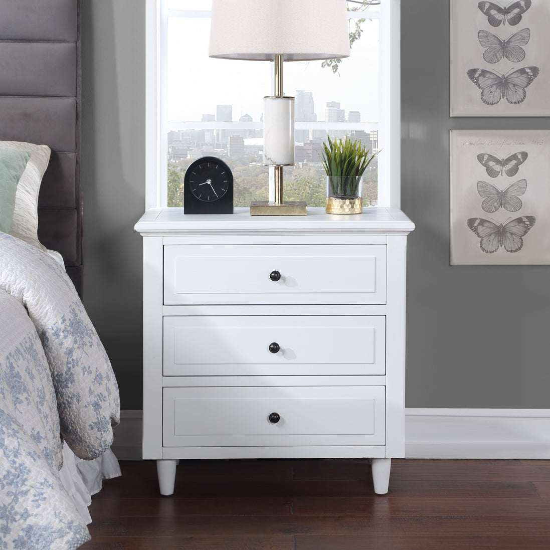 3-Drawer Pine Wood Nightstand in Black