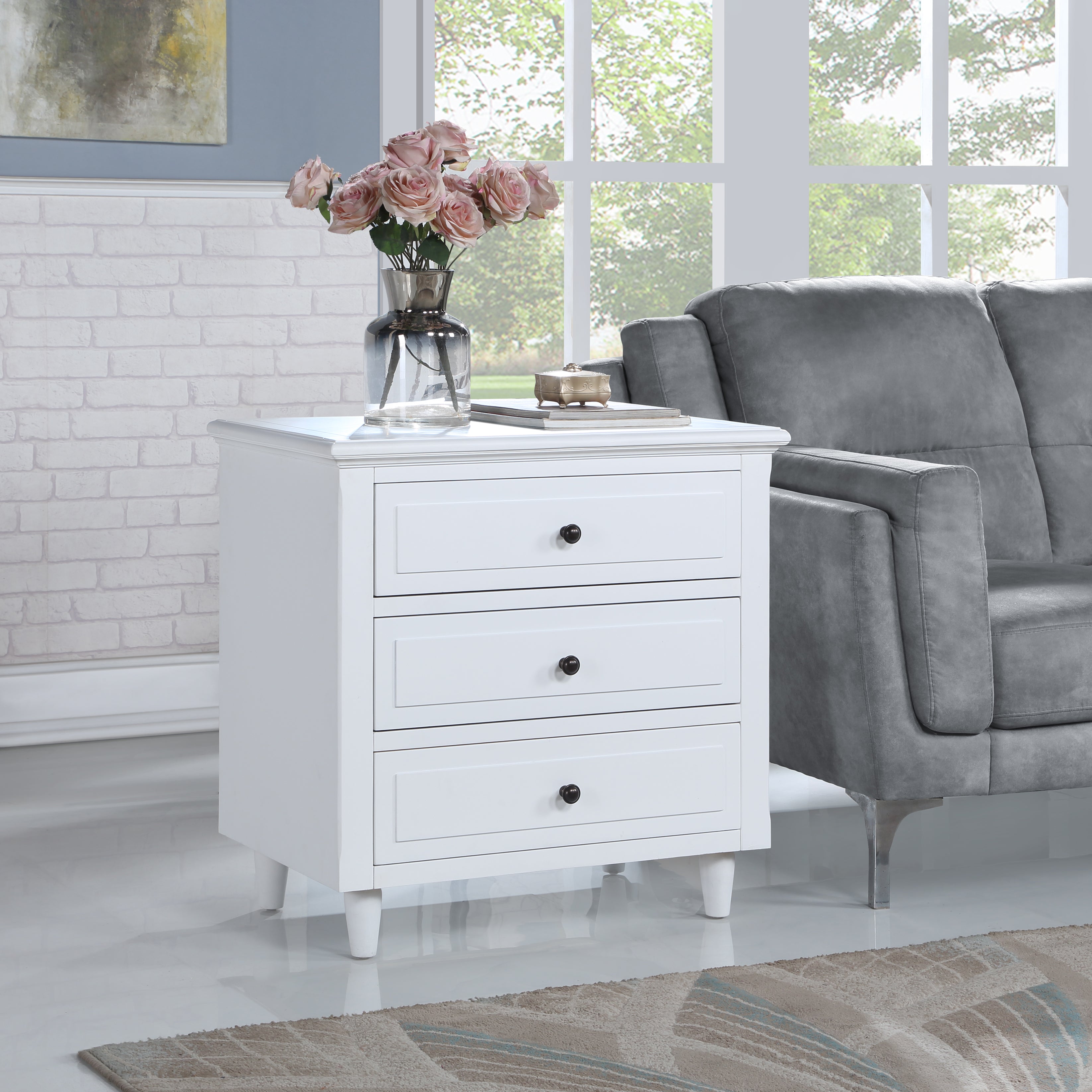3-Drawer Pine Wood Nightstand in Black
